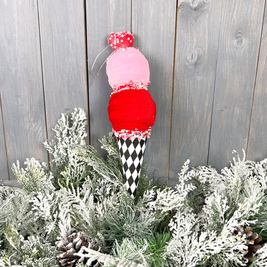 Valentine Heart Ice Cream Ornament - Harlequin Cone Wreath Embellishment - XL Pink and Red Tiered Tray Decor