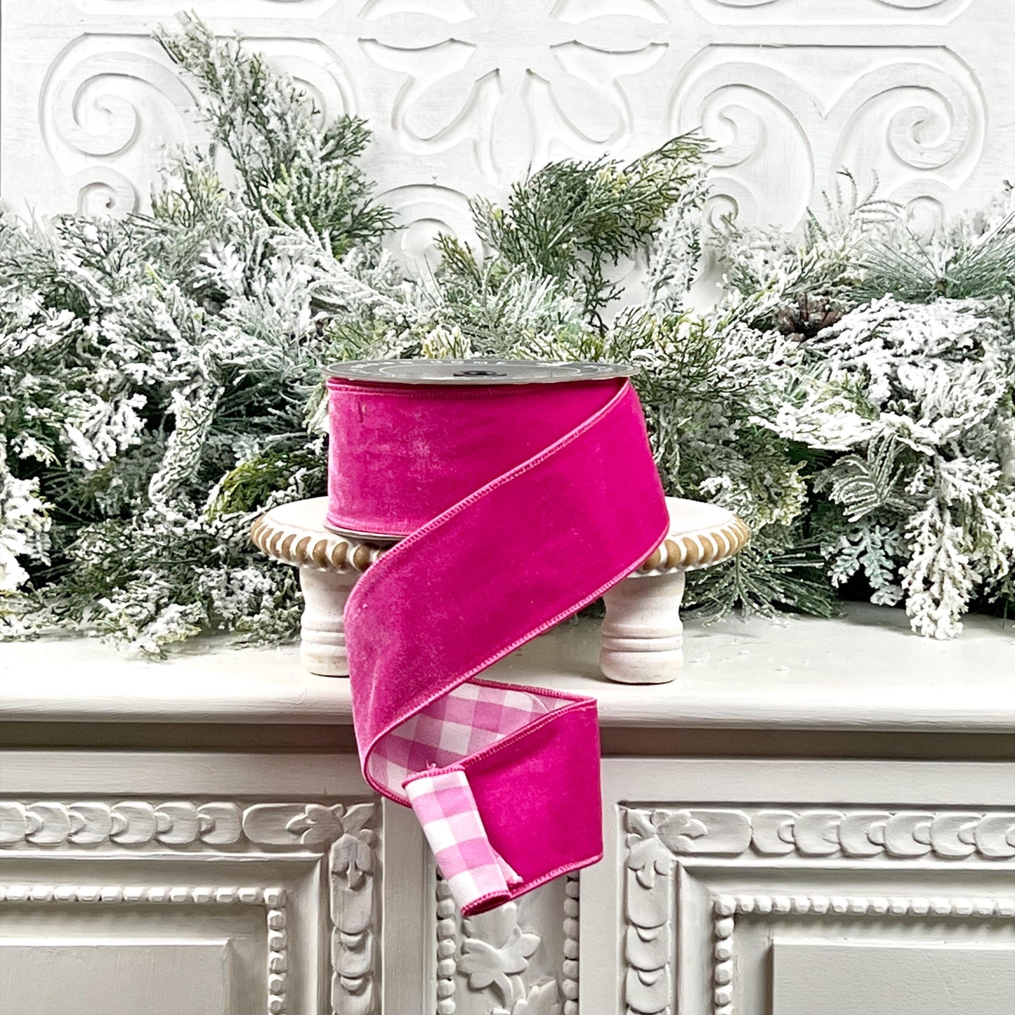 Nancy Brown's Hot Pink and Gingham Taffeta Ribbon - Luxury Wired Taffeta Ribbon for Home Decor, Wreaths, and Events, Pink Holiday Decor,