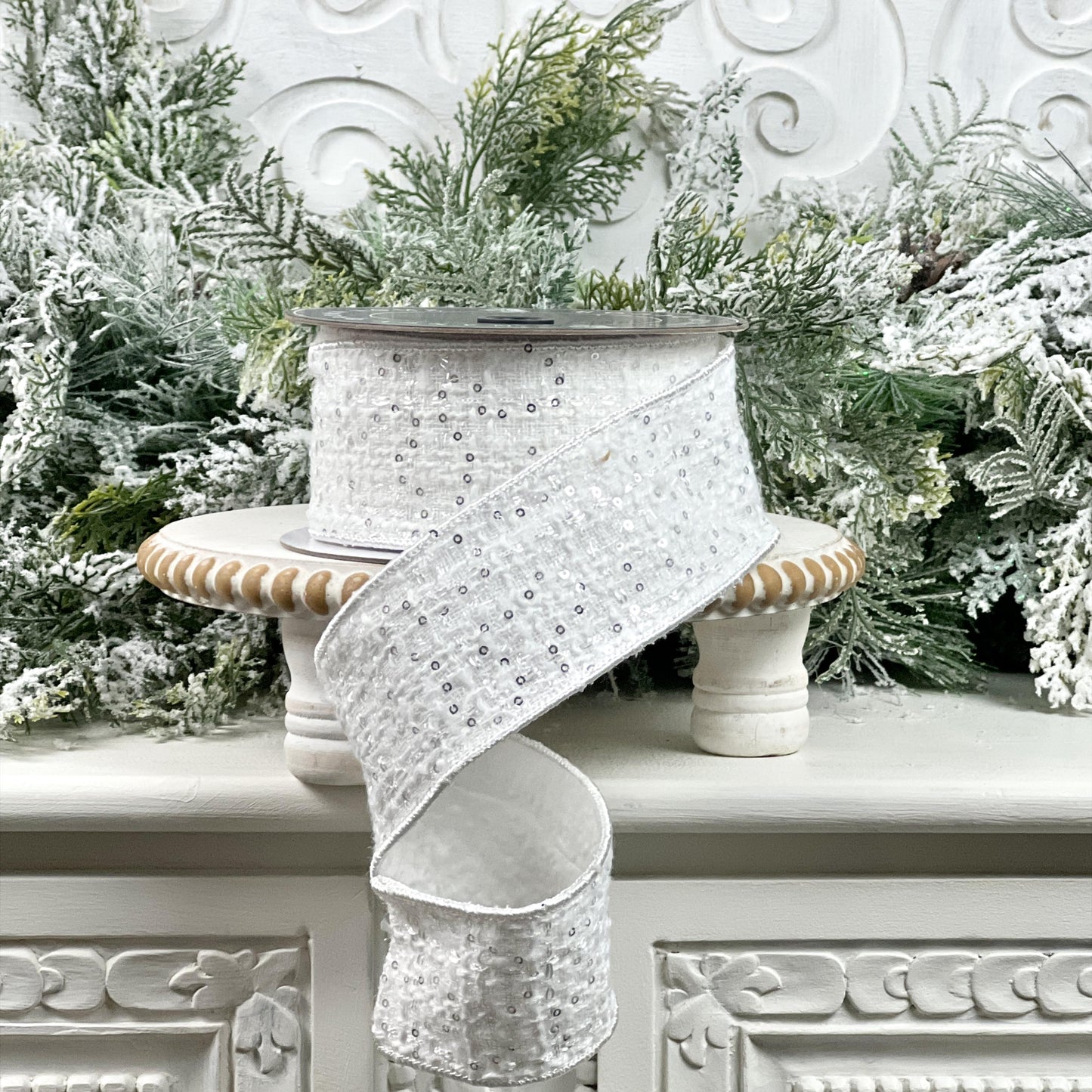 Nancy Brown White Tweed Sequin Ribbon - Luxury Wired Ribbon for Elegant Home and Holiday Decor - Jeweled Ribbon, White Christmas Ribbon