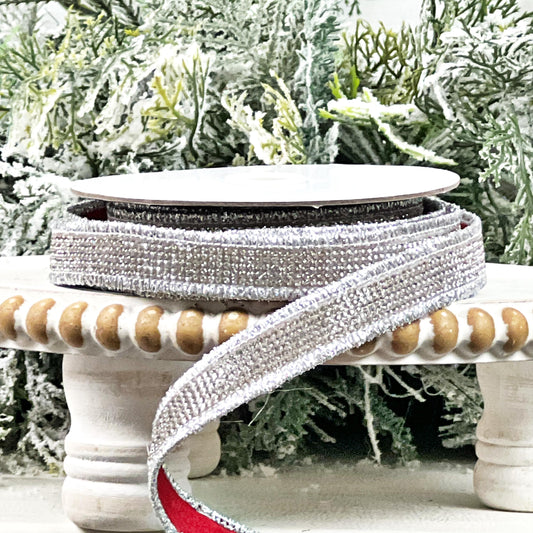 Elegant Silver and Red Jeweled Ribbon: Luxury Rhinestone Ribbon for Ultra Chic Decor, Jeweled Christmas Ribbon, Jeweled Wedding Ribbon
