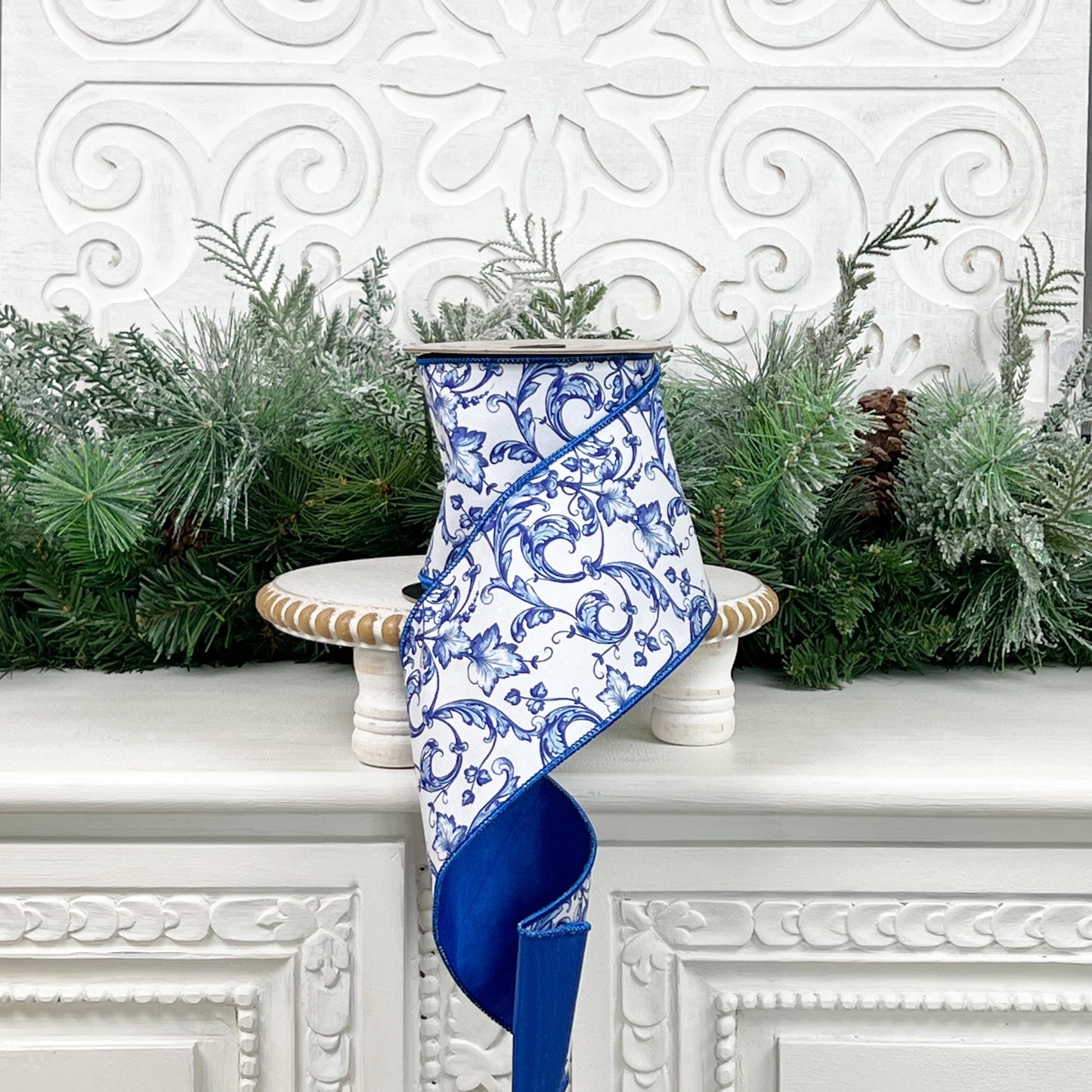 D Stevens Chinoiserie Ribbon, Acanthus Scroll Chinoiserie, 4 Inch x 10 Yard Luxury Wired Ribbon, Blue and White Ribbon, D Stevens Ribbon,