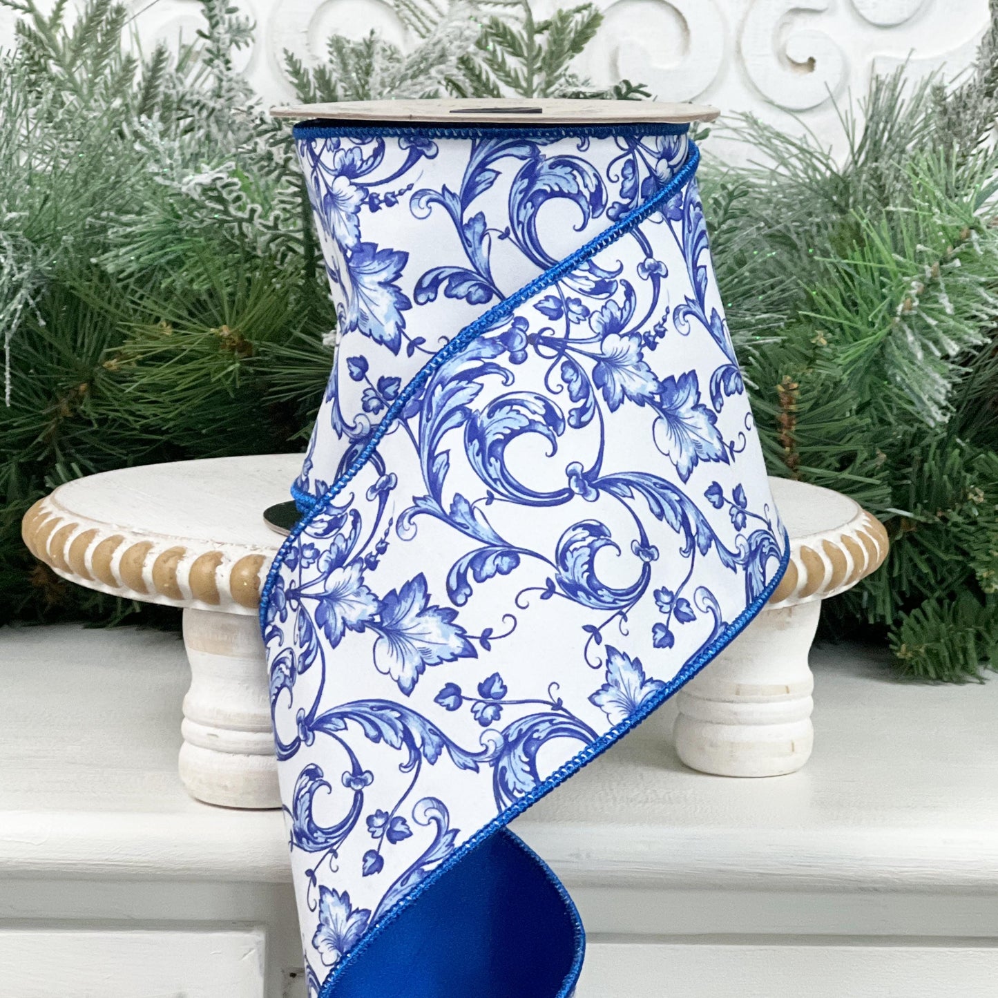 D Stevens Chinoiserie Ribbon, Acanthus Scroll Chinoiserie, 4 Inch x 10 Yard Luxury Wired Ribbon, Blue and White Ribbon, D Stevens Ribbon,