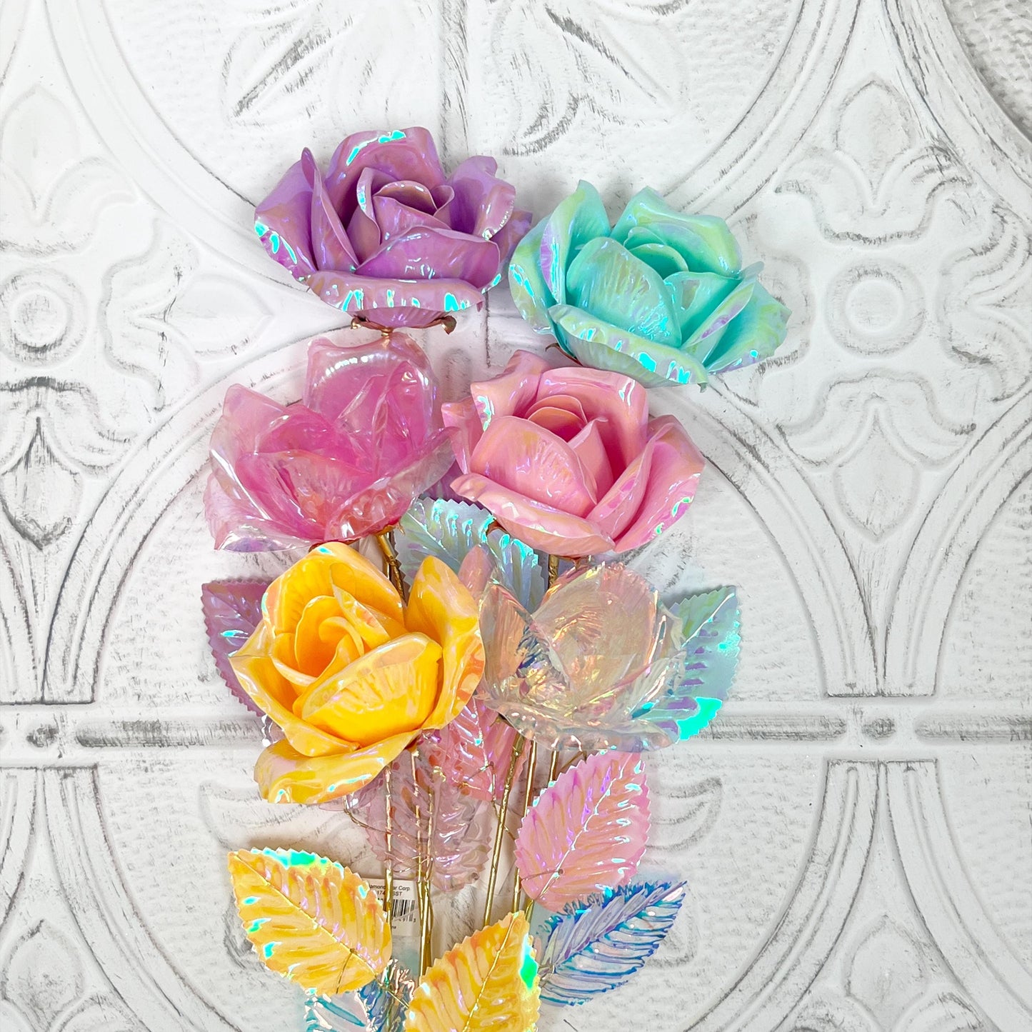 Iridescent Rose with Gold Stem - 6 Colors for Floral Arrangements, Wreaths & Home Decor - Spring Floral Collection, Pink, Yellow,  Teal
