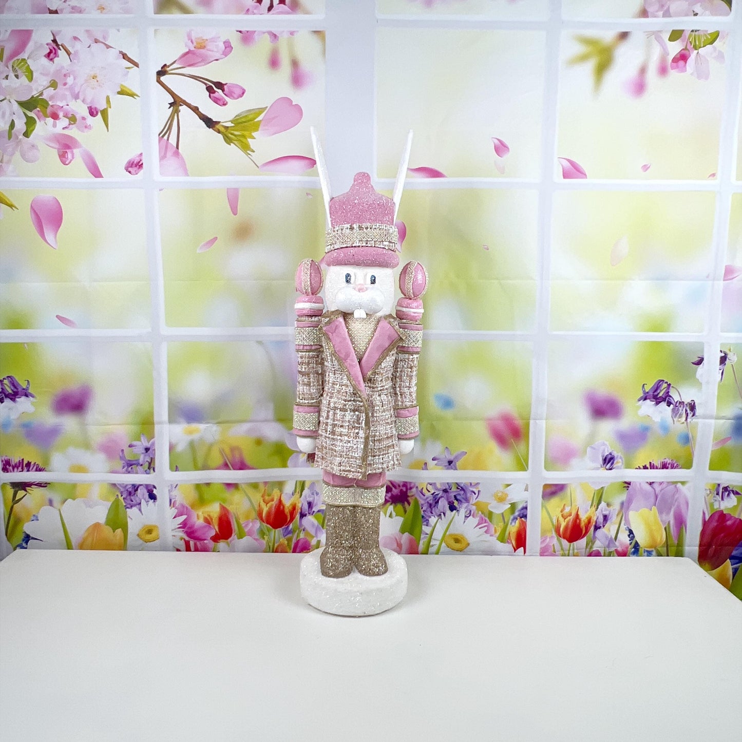 Luxury Easter Bunny Nutcracker – Couture Pink and Gold Decor – D Stevens Ribbon, Glitter and Jewel Trim – Elegant Spring Home Decor