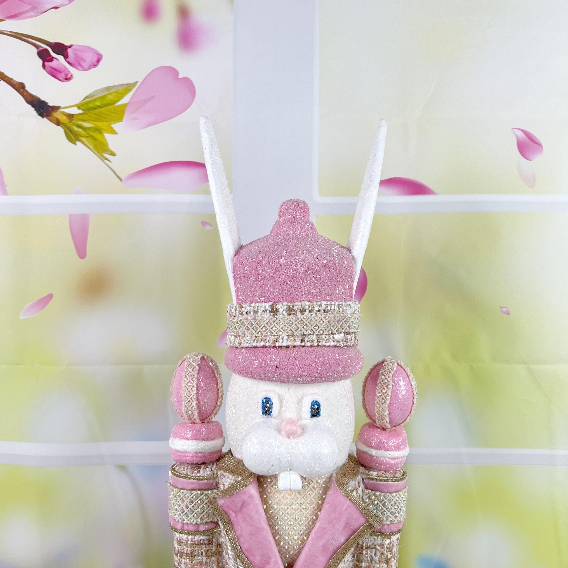 Luxury Easter Bunny Nutcracker – Couture Pink and Gold Decor – D Stevens Ribbon, Glitter and Jewel Trim – Elegant Spring Home Decor
