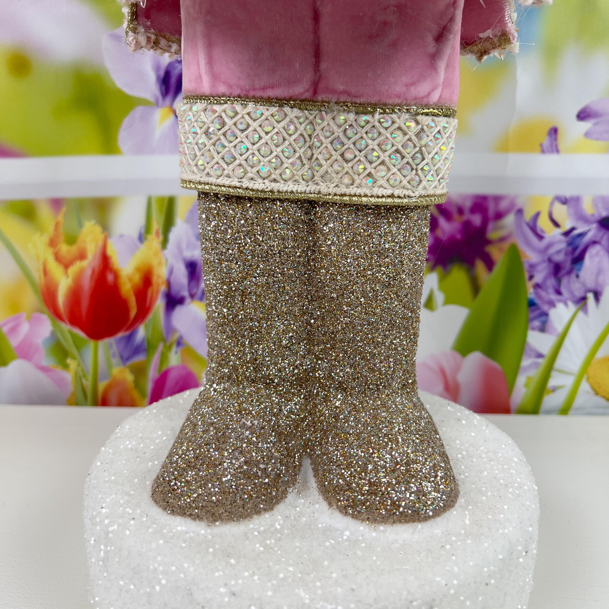 Luxury Easter Bunny Nutcracker – Couture Pink and Gold Decor – D Stevens Ribbon, Glitter and Jewel Trim – Elegant Spring Home Decor