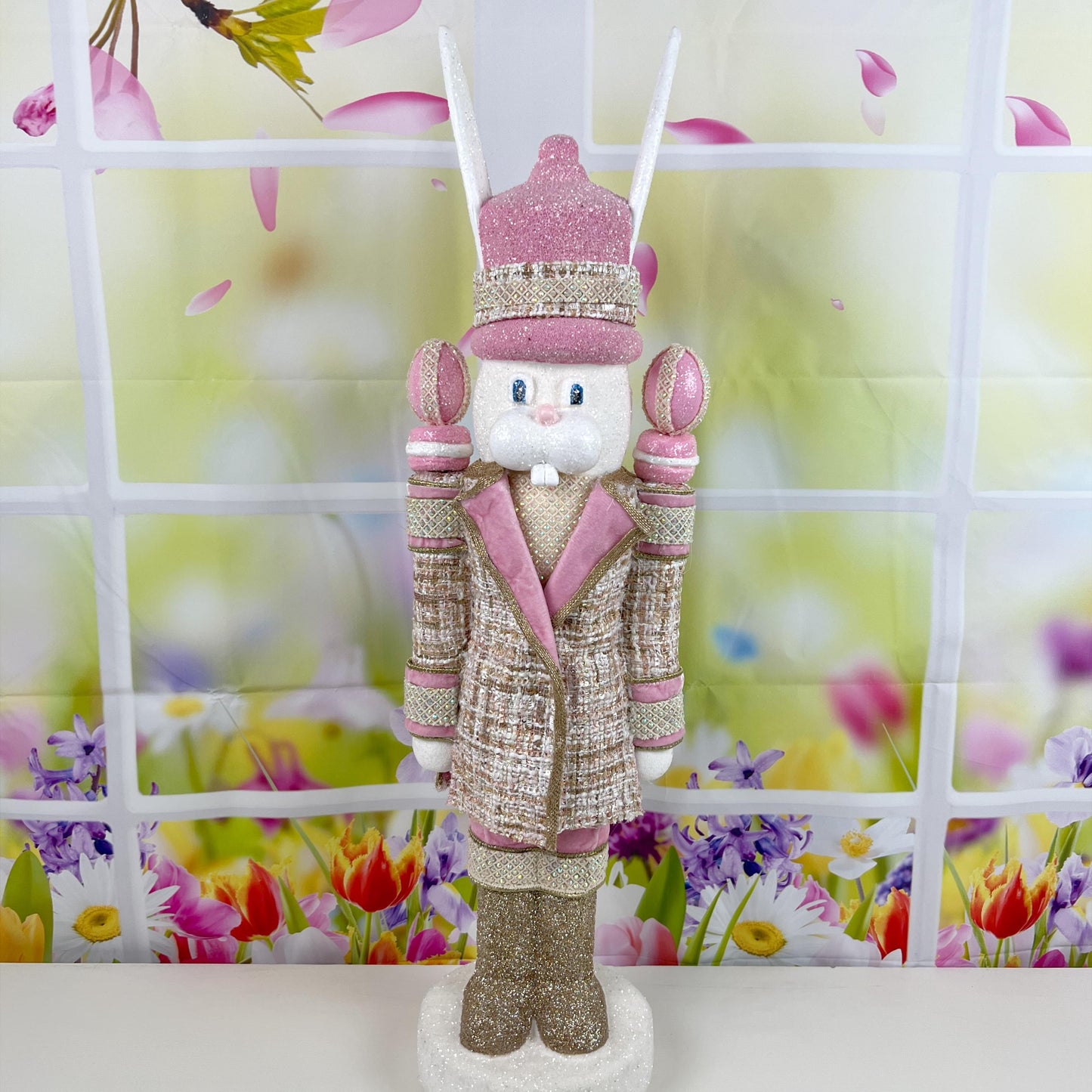 Luxury Easter Bunny Nutcracker – Couture Pink and Gold Decor – D Stevens Ribbon, Glitter and Jewel Trim – Elegant Spring Home Decor