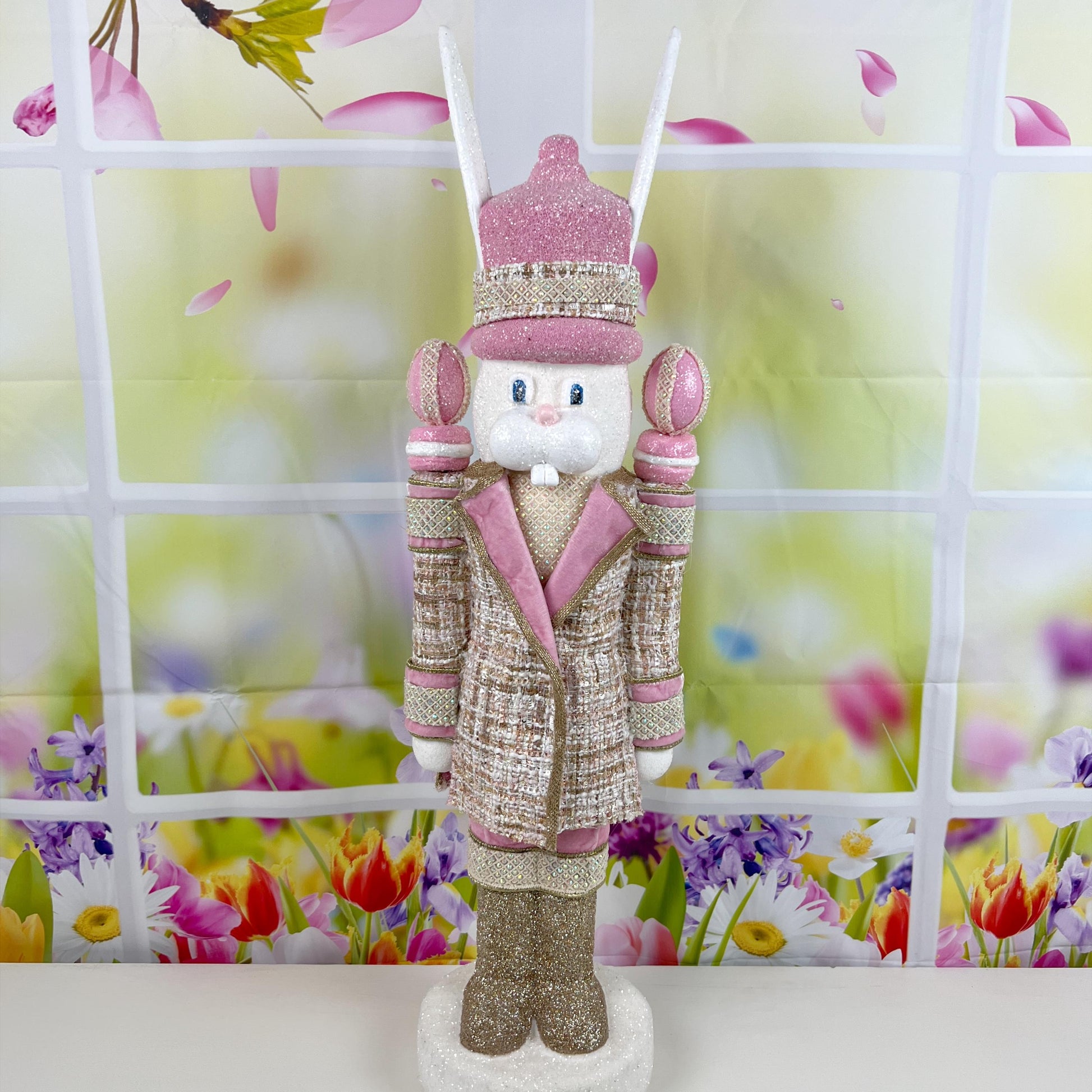 Luxury Easter Bunny Nutcracker – Couture Pink and Gold Decor – D Stevens Ribbon, Glitter and Jewel Trim – Elegant Spring Home Decor