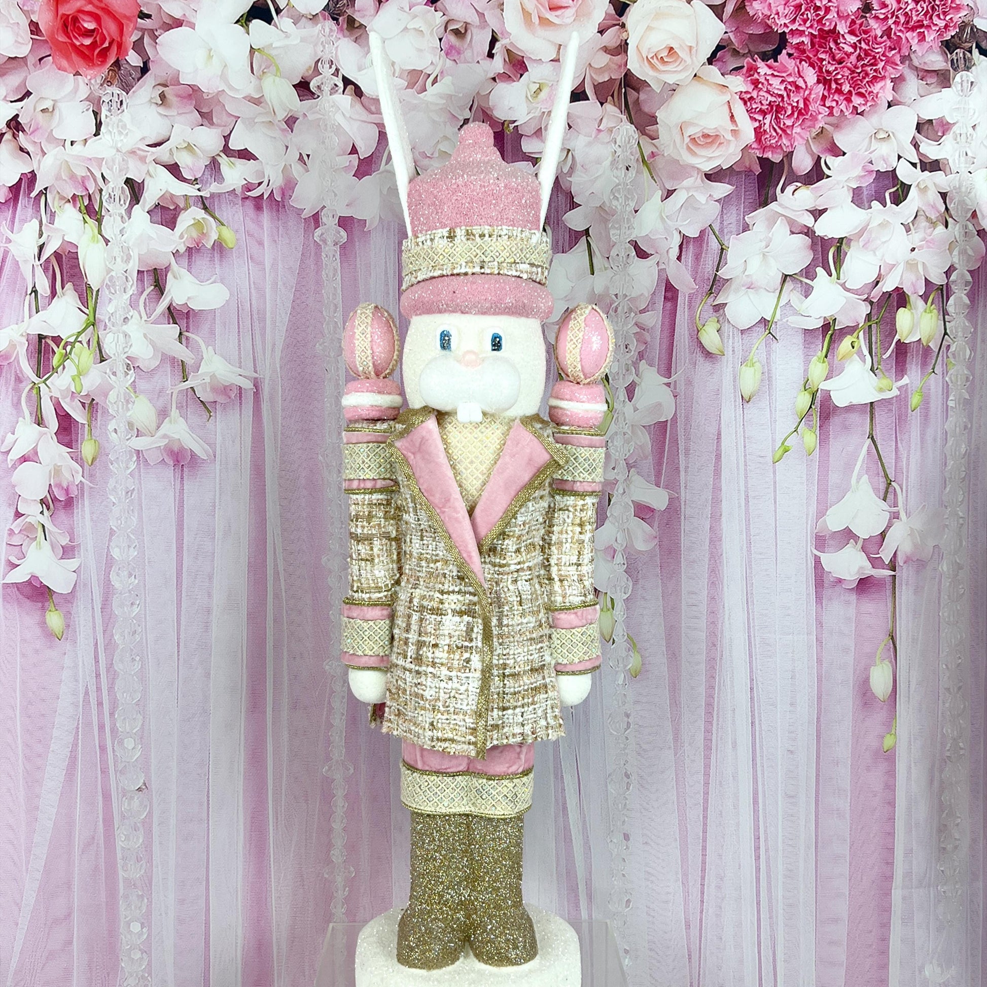 Luxury Easter Bunny Nutcracker – Couture Pink and Gold Decor – D Stevens Ribbon, Glitter and Jewel Trim – Elegant Spring Home Decor