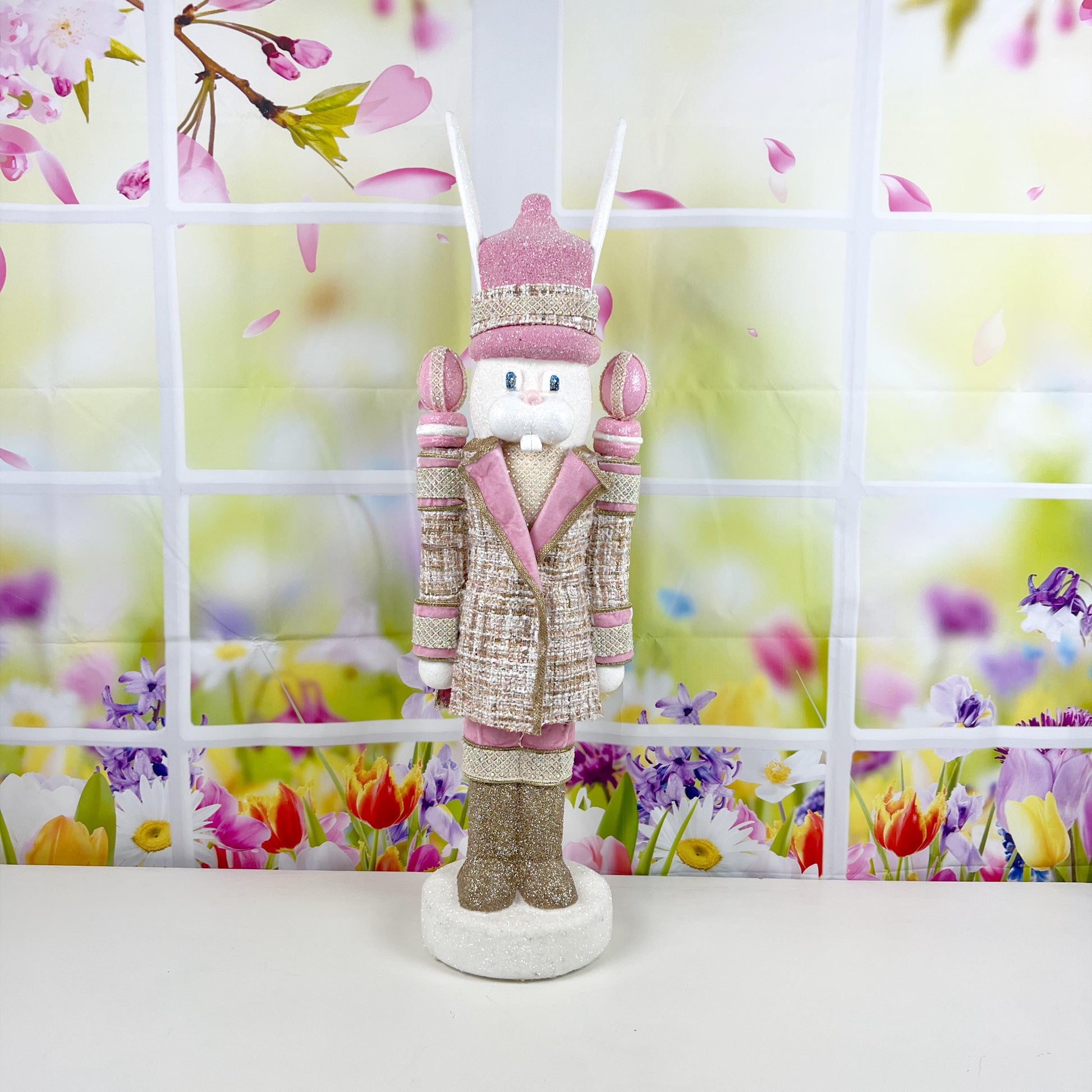 Luxury Easter Bunny Nutcracker – Couture Pink and Gold Decor – D Stevens Ribbon, Glitter and Jewel Trim – Elegant Spring Home Decor
