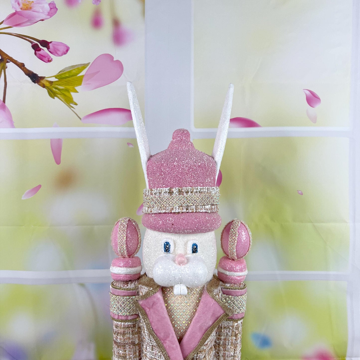 Luxury Easter Bunny Nutcracker – Couture Pink and Gold Decor – D Stevens Ribbon, Glitter and Jewel Trim – Elegant Spring Home Decor