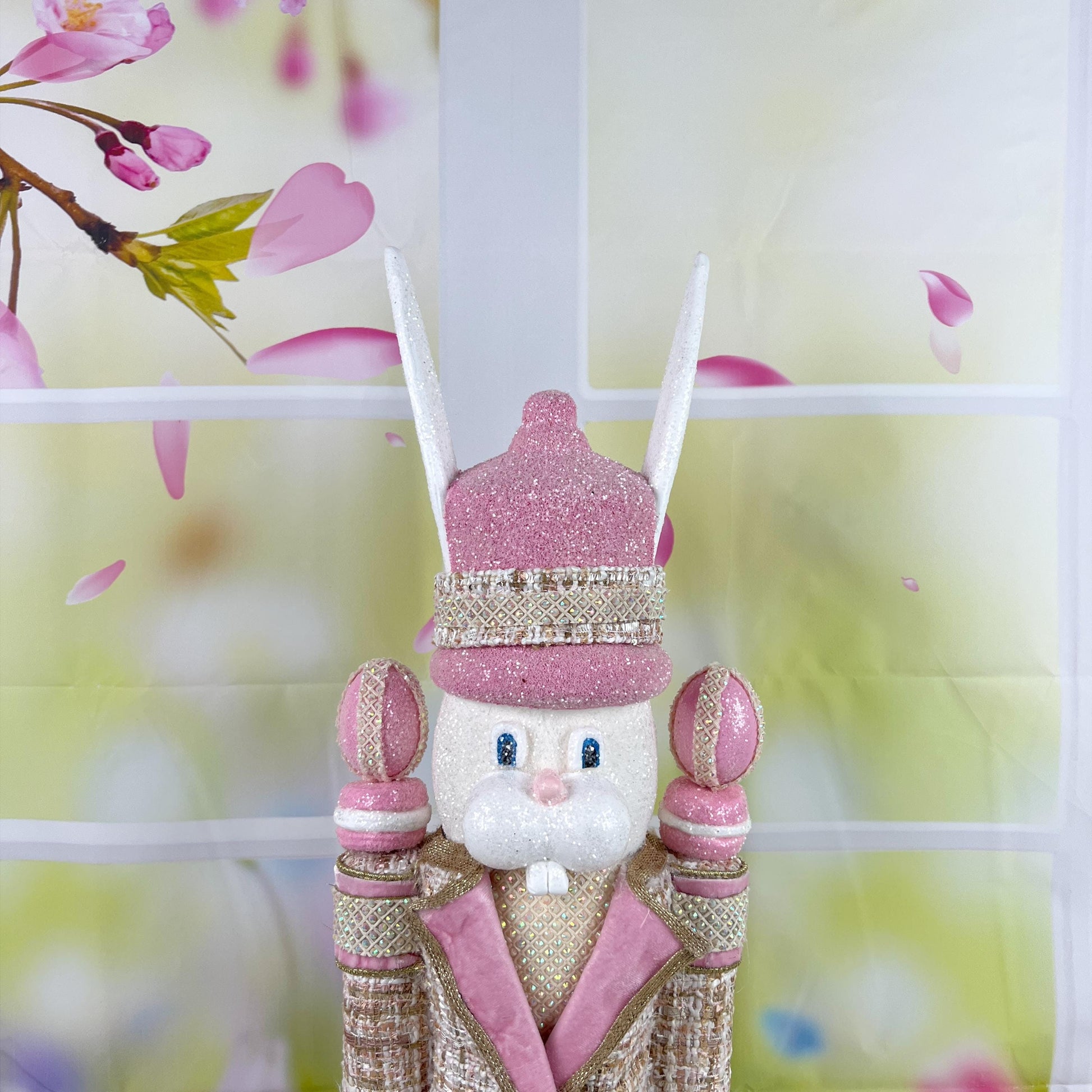 Luxury Easter Bunny Nutcracker – Couture Pink and Gold Decor – D Stevens Ribbon, Glitter and Jewel Trim – Elegant Spring Home Decor