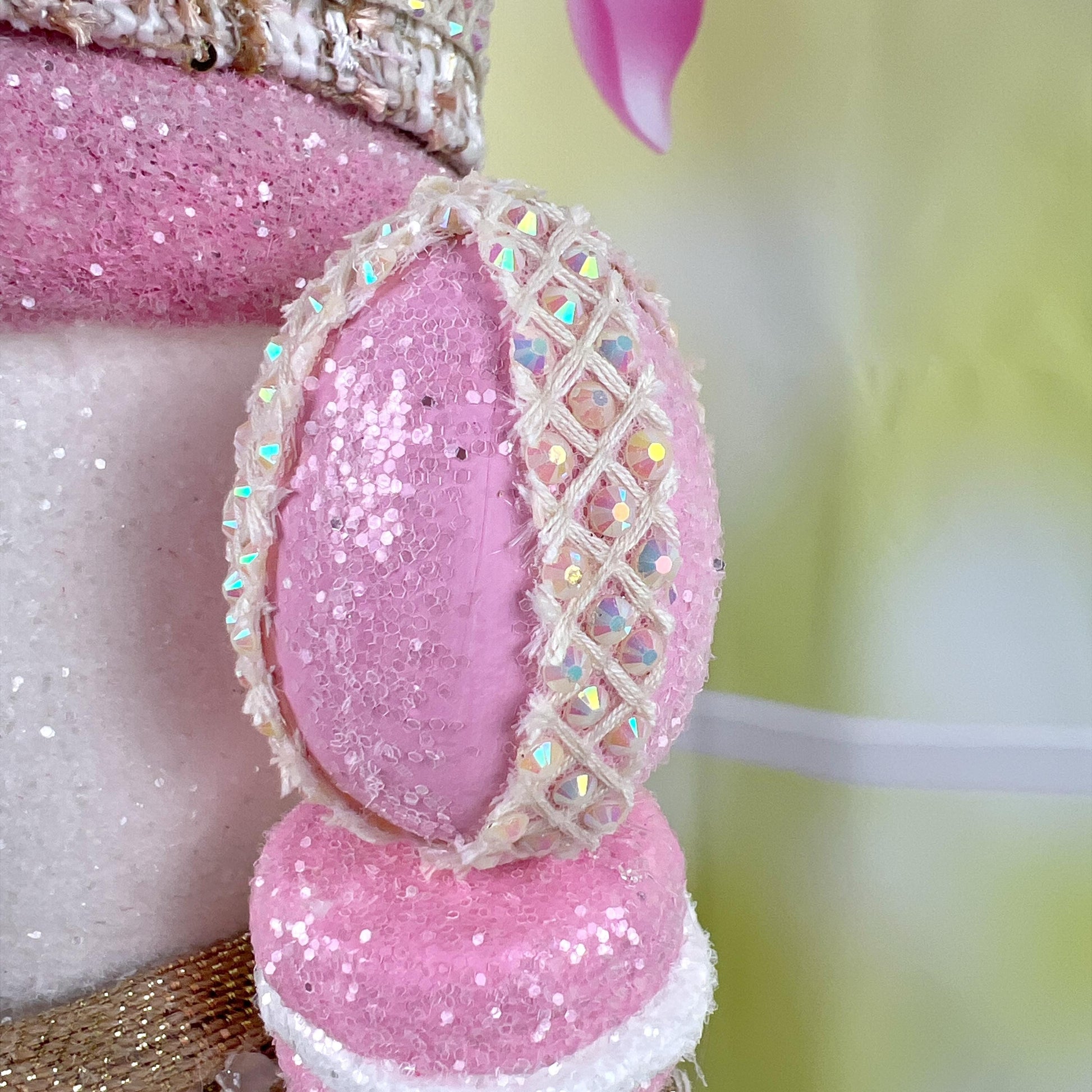 Luxury Easter Bunny Nutcracker – Couture Pink and Gold Decor – D Stevens Ribbon, Glitter and Jewel Trim – Elegant Spring Home Decor