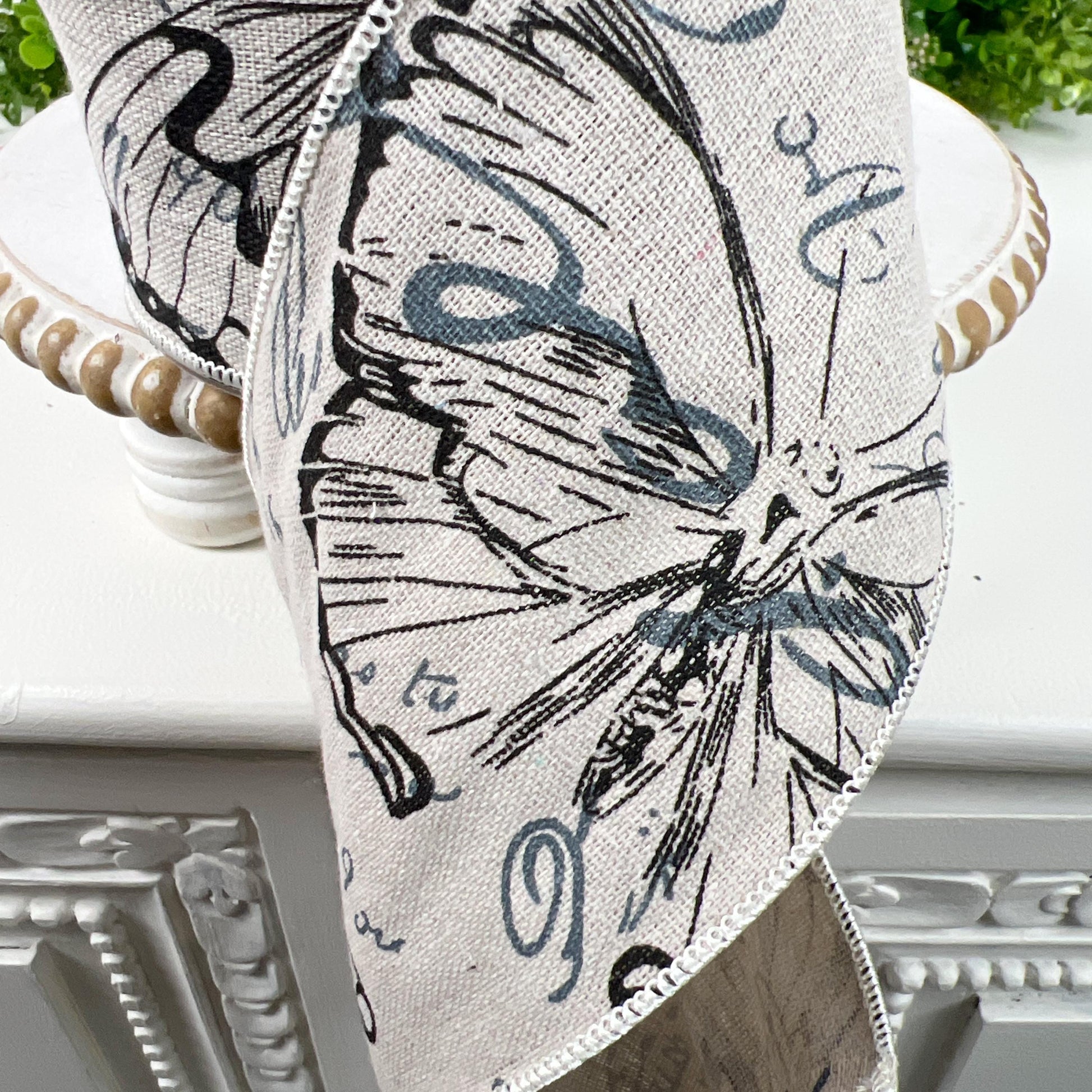 D. Stevens Linen Hand drawn Butterfly Ribbon – 4" x 10 YD, Natural Artisan Ribbon with Wired Edge, No Two Alike, Butterfly Ribbon,