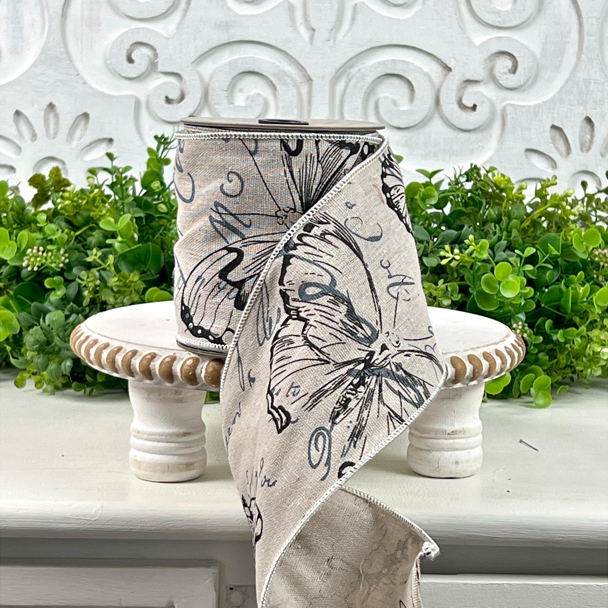 D. Stevens Linen Hand drawn Butterfly Ribbon – 4" x 10 YD, Natural Artisan Ribbon with Wired Edge, No Two Alike, Butterfly Ribbon,