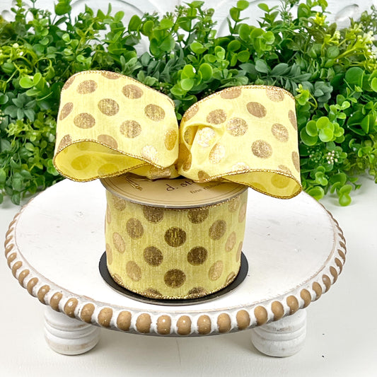 D. Stevens Gold Polka Dot Ribbon – Light Yellow, Wired Metallic Spring & Summer Ribbon, Yellow Polka Dot Ribbon, Easter Ribbon,