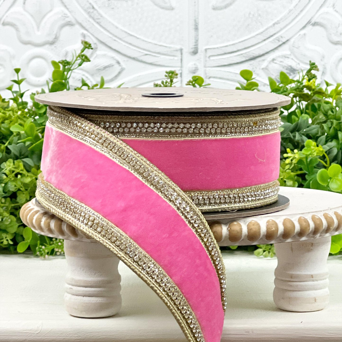 D. Stevens Pink Lemonade Velvet Ribbon – Crystal Trimmed Designer Ribbon – Pink Velvet Ribbon, Jeweled Velvet Ribbon, Pink and Gold Ribbon