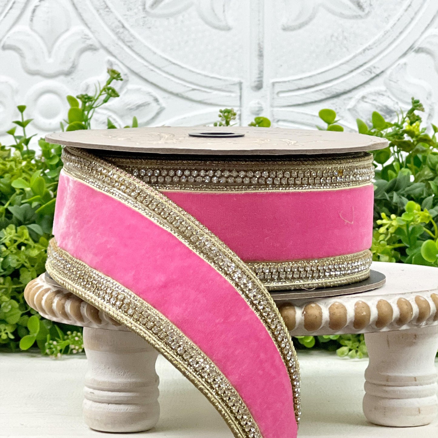 D. Stevens Pink Lemonade Velvet Ribbon – Crystal Trimmed Designer Ribbon – Pink Velvet Ribbon, Jeweled Velvet Ribbon, Pink and Gold Ribbon