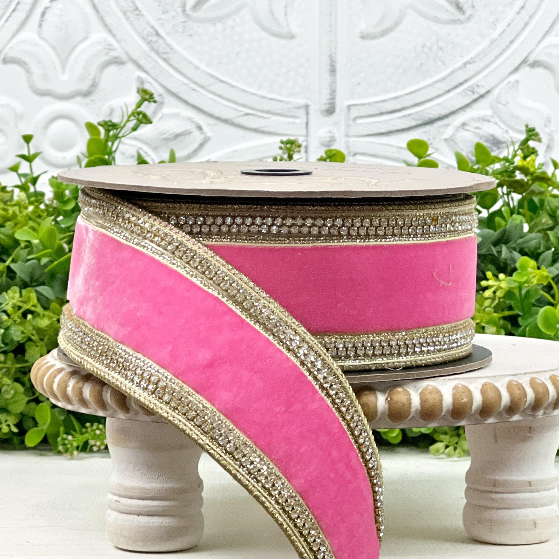 D. Stevens Pink Lemonade Velvet Ribbon – Crystal Trimmed Designer Ribbon – Pink Velvet Ribbon, Jeweled Velvet Ribbon, Pink and Gold Ribbon