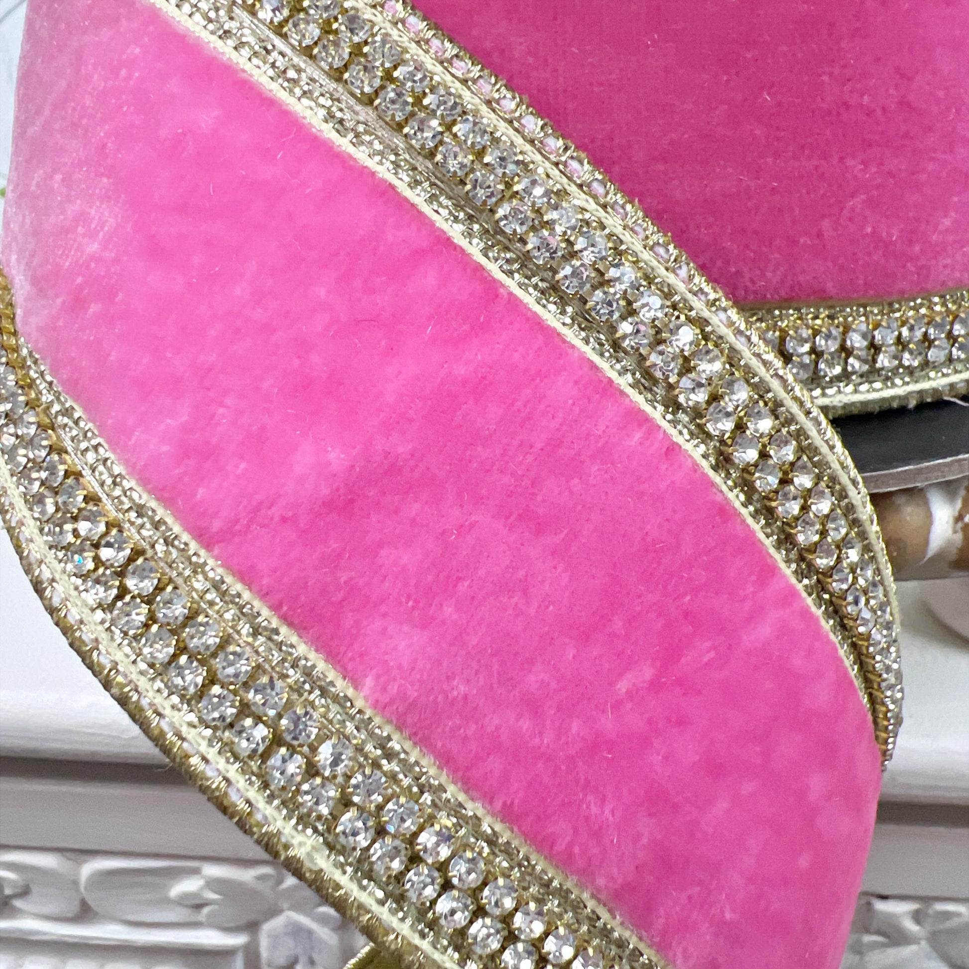 D. Stevens Pink Lemonade Velvet Ribbon – Crystal Trimmed Designer Ribbon – Pink Velvet Ribbon, Jeweled Velvet Ribbon, Pink and Gold Ribbon