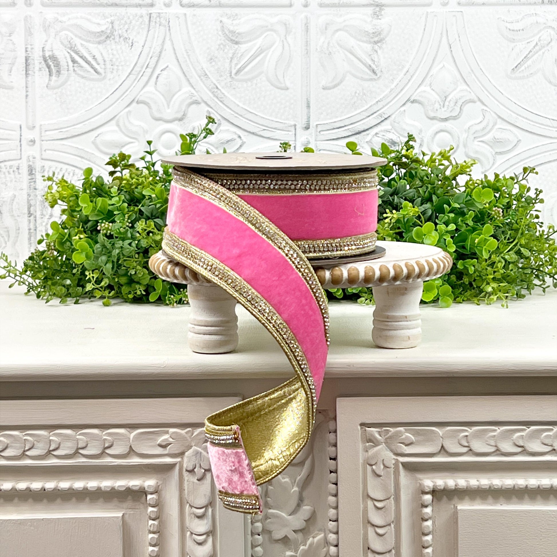 D. Stevens Pink Lemonade Velvet Ribbon – Crystal Trimmed Designer Ribbon – Pink Velvet Ribbon, Jeweled Velvet Ribbon, Pink and Gold Ribbon