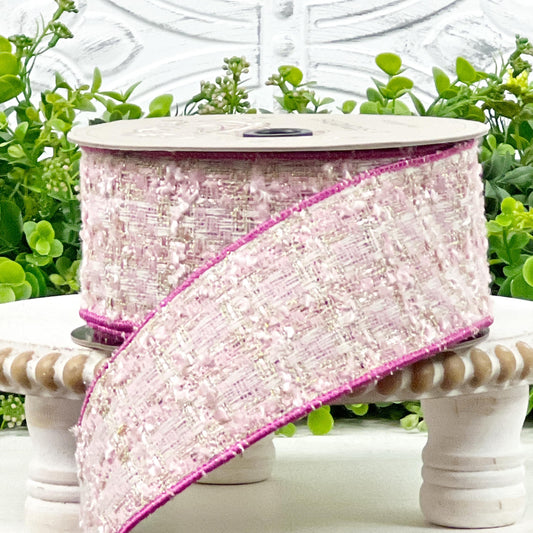 D. Stevens Pink Plaid Chenille Tweed Ribbon | Bouclé Luxe Designer Ribbon with Hot Pink Dupion Back | Pink Tweed Ribbon