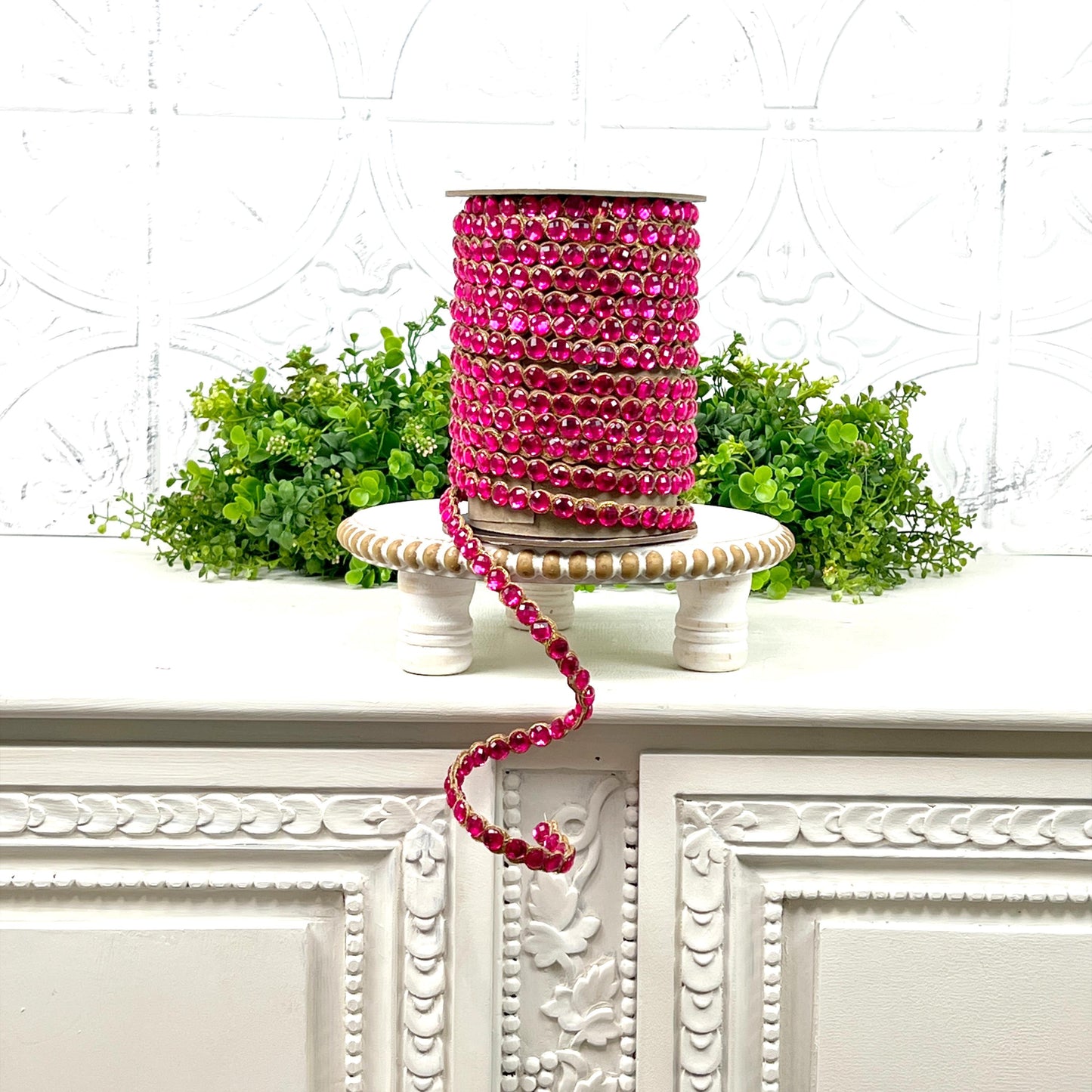 D. Stevens Crown Jewel Ribbon in Fuchsia, Double-Sided Crystal Garland, Luxury Holiday Trim or Decor, Pink Jeweled Ribbon, Jeweled Garland