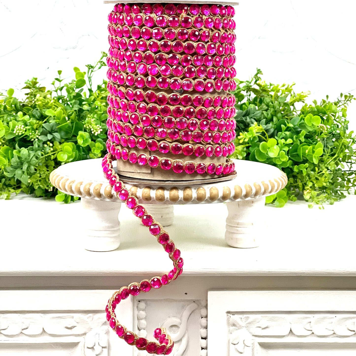 D. Stevens Crown Jewel Ribbon in Fuchsia, Double-Sided Crystal Garland, Luxury Holiday Trim or Decor, Pink Jeweled Ribbon, Jeweled Garland