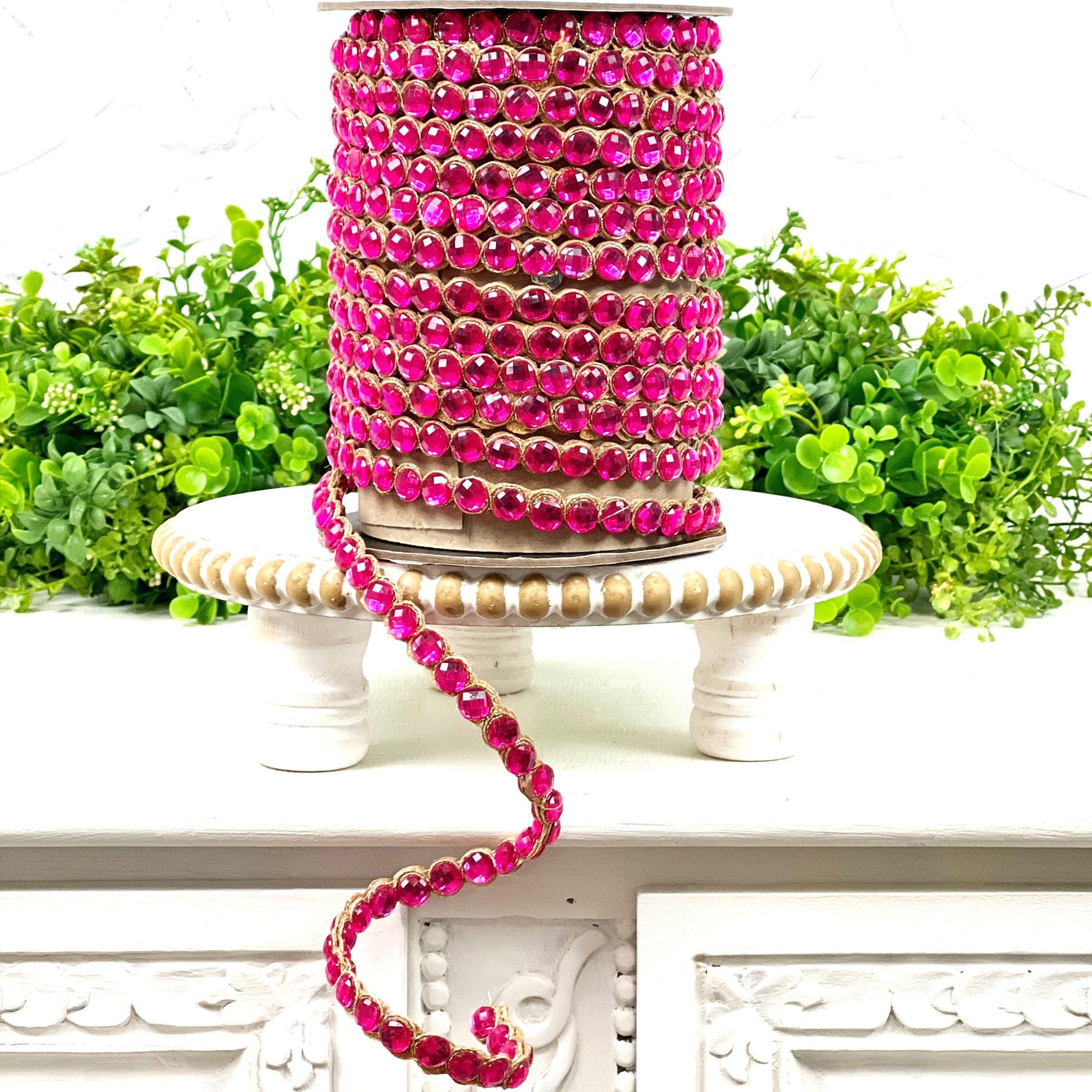 D. Stevens Crown Jewel Ribbon in Fuchsia, Double-Sided Crystal Garland, Luxury Holiday Trim or Decor, Pink Jeweled Ribbon, Jeweled Garland
