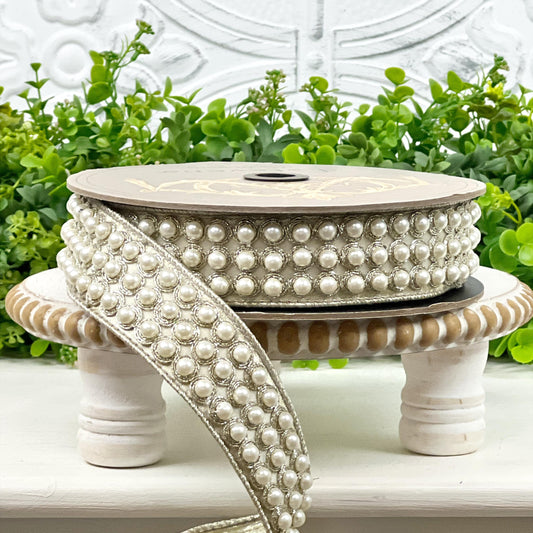 D. Stevens Platinum Pearl Trim Ribbon | Metallic Dupion with Beaded Accents | Jeweled Ribbon | Luxury Holiday, Wedding, & Décor Ribbon