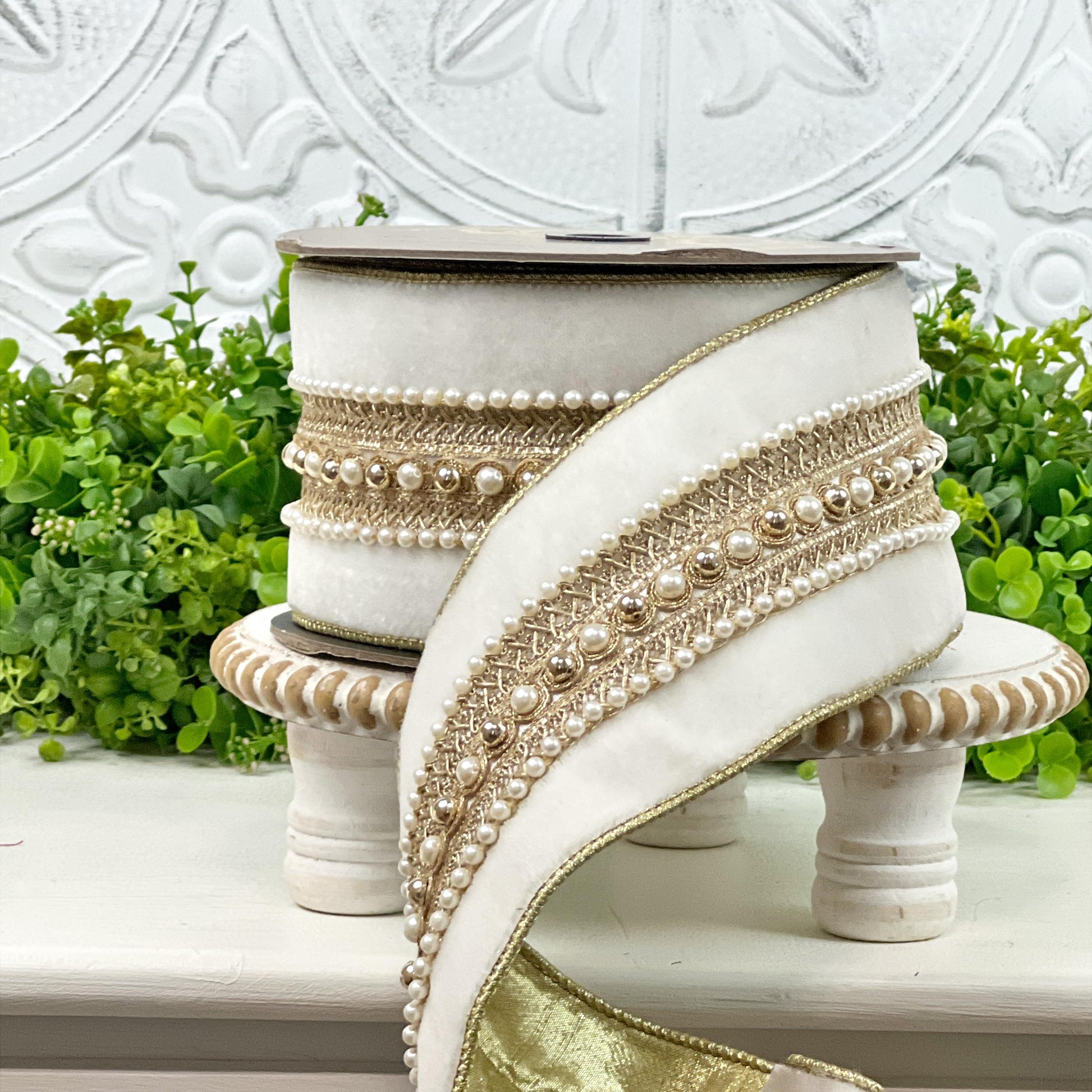 D Stevens Winer White Velvet Ribbon, Pearl Trim Ribbon, Jeweled Velvet Ribbon, Pearl Poiret Trim, Luxury Holiday, Wedding & Floral Ribbon
