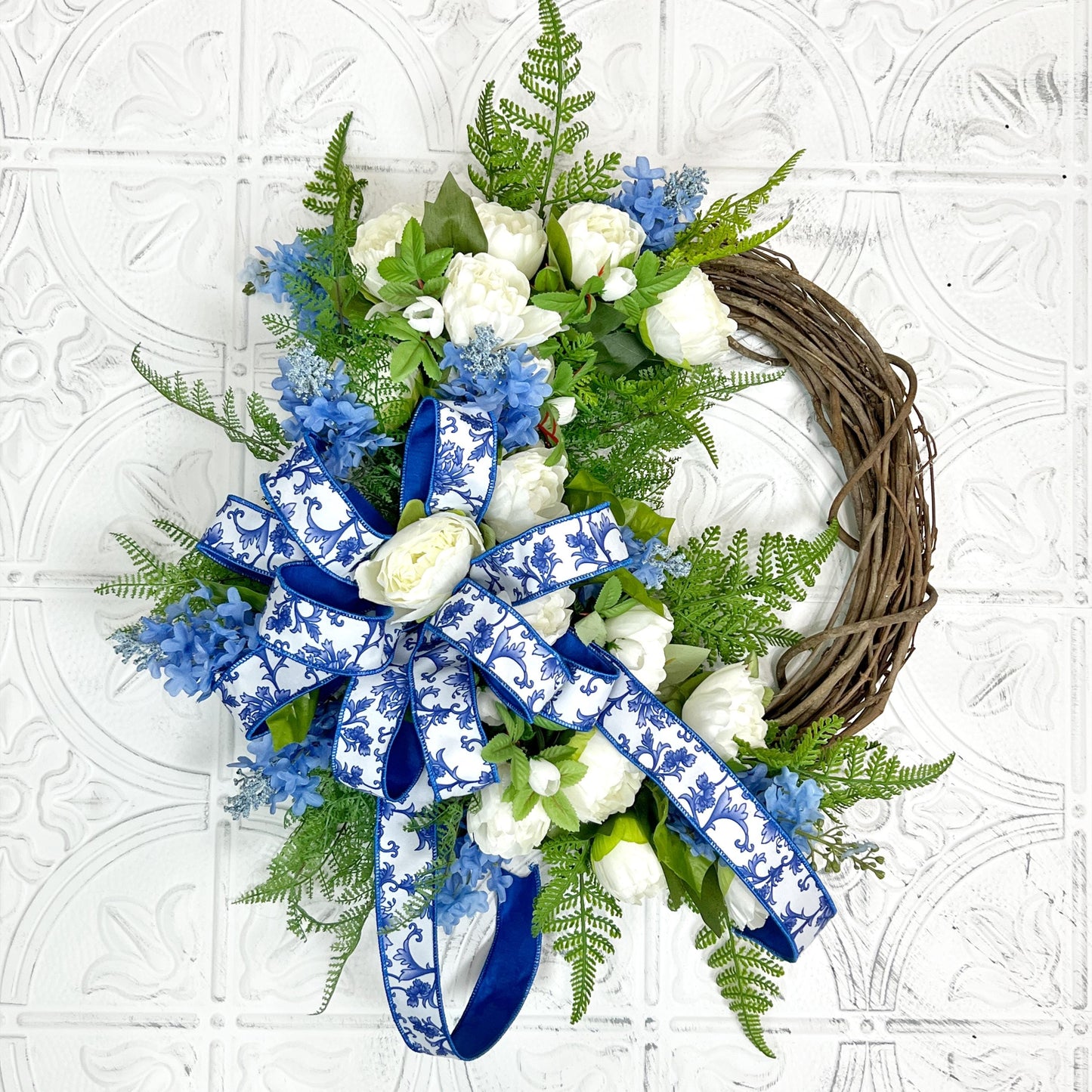 Elegant Peony and Delphinium Grapevine Wreath, Luxury Summer Wreath, Mothers Day Gift, Designer Door Decor, Chinoiserie Ribbon