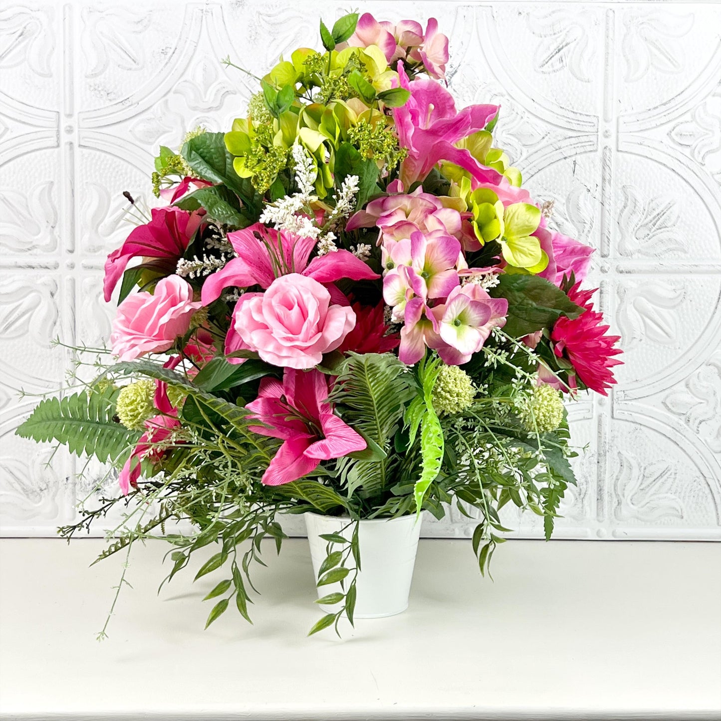 Pink and Green Summer Floral Centerpiece, Faux Flower Arrangement with Lily, Rose and Hydrangea, Vibrant Table Decor, Tropical Home Decor