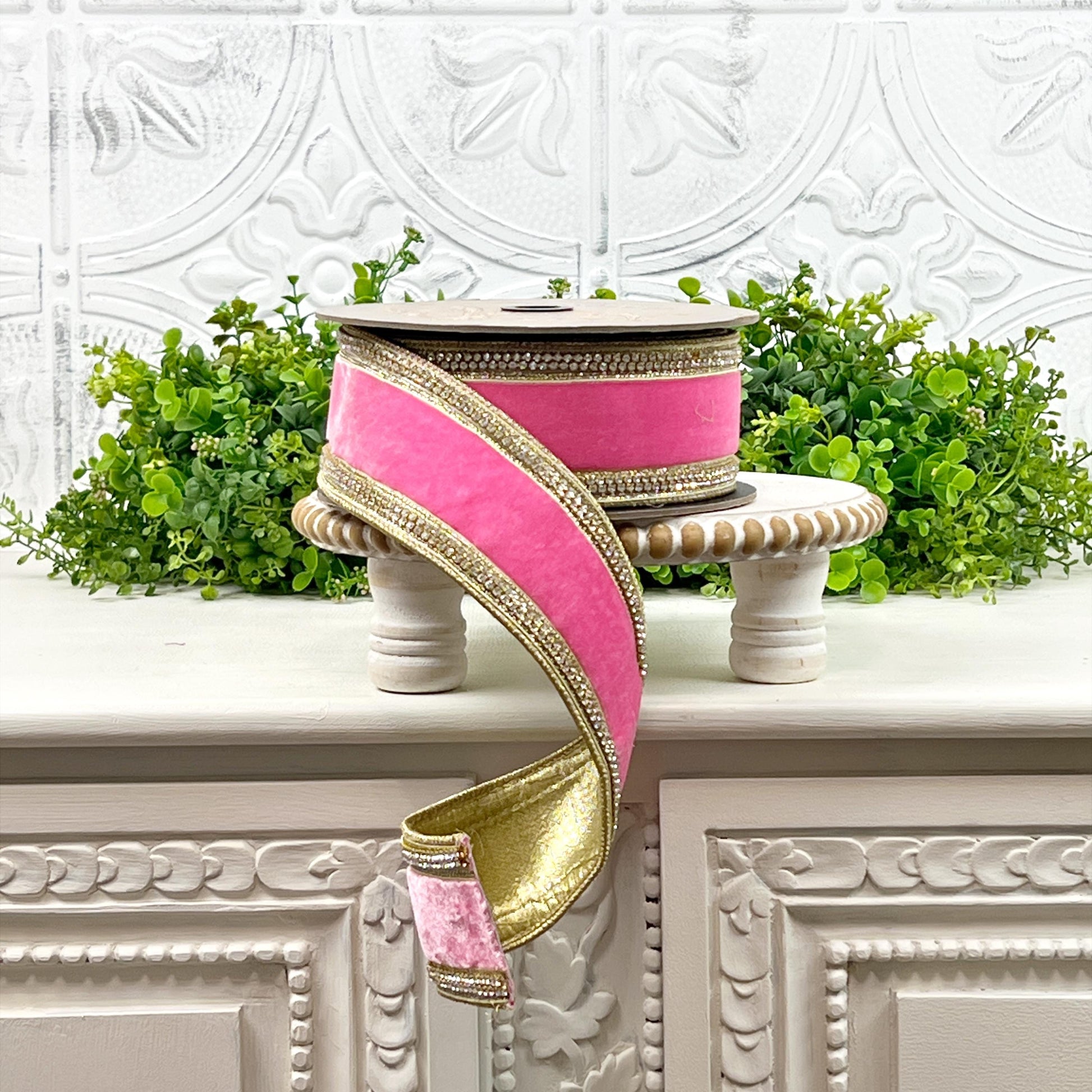 D. Stevens Pink Lemonade Velvet Ribbon – Crystal Trimmed Designer Ribbon – Pink Velvet Ribbon, Jeweled Velvet Ribbon, Pink and Gold Ribbon