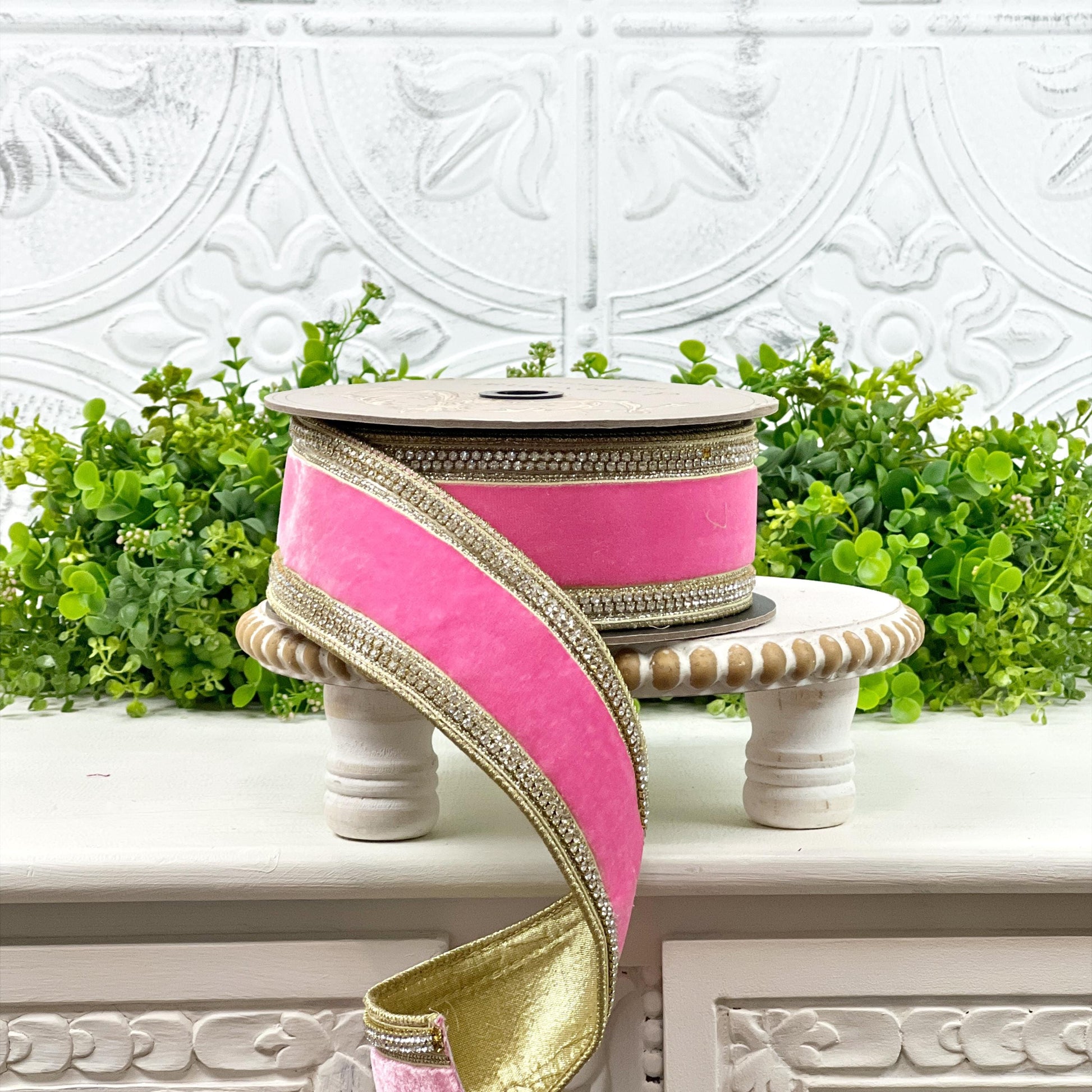 D. Stevens Pink Lemonade Velvet Ribbon – Crystal Trimmed Designer Ribbon – Pink Velvet Ribbon, Jeweled Velvet Ribbon, Pink and Gold Ribbon