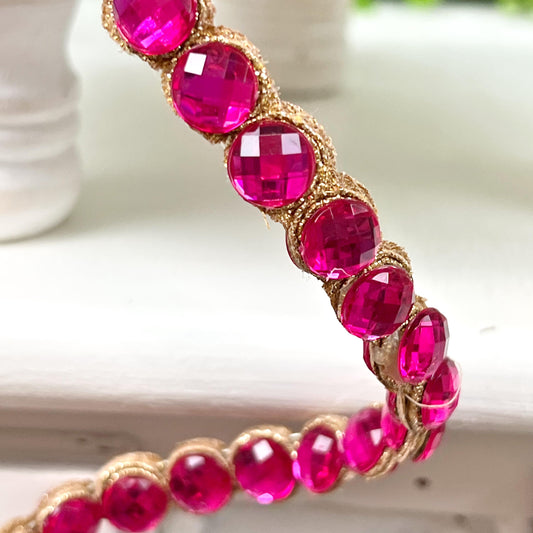 D. Stevens Crown Jewel Ribbon in Fuchsia, Double-Sided Crystal Garland, Luxury Holiday Trim or Decor, Pink Jeweled Ribbon, Jeweled Garland