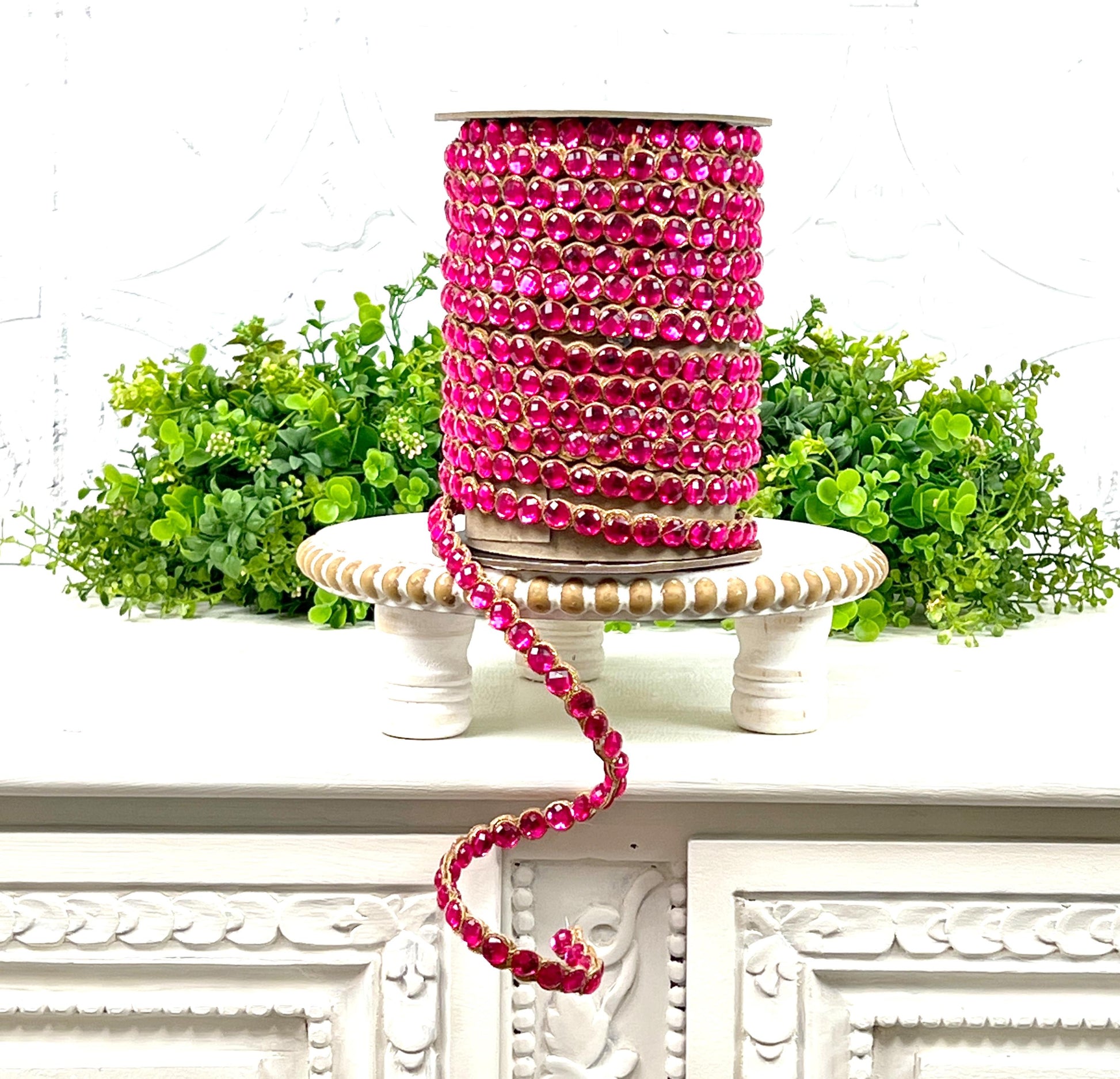 D. Stevens Crown Jewel Ribbon in Fuchsia, Double-Sided Crystal Garland, Luxury Holiday Trim or Decor, Pink Jeweled Ribbon, Jeweled Garland