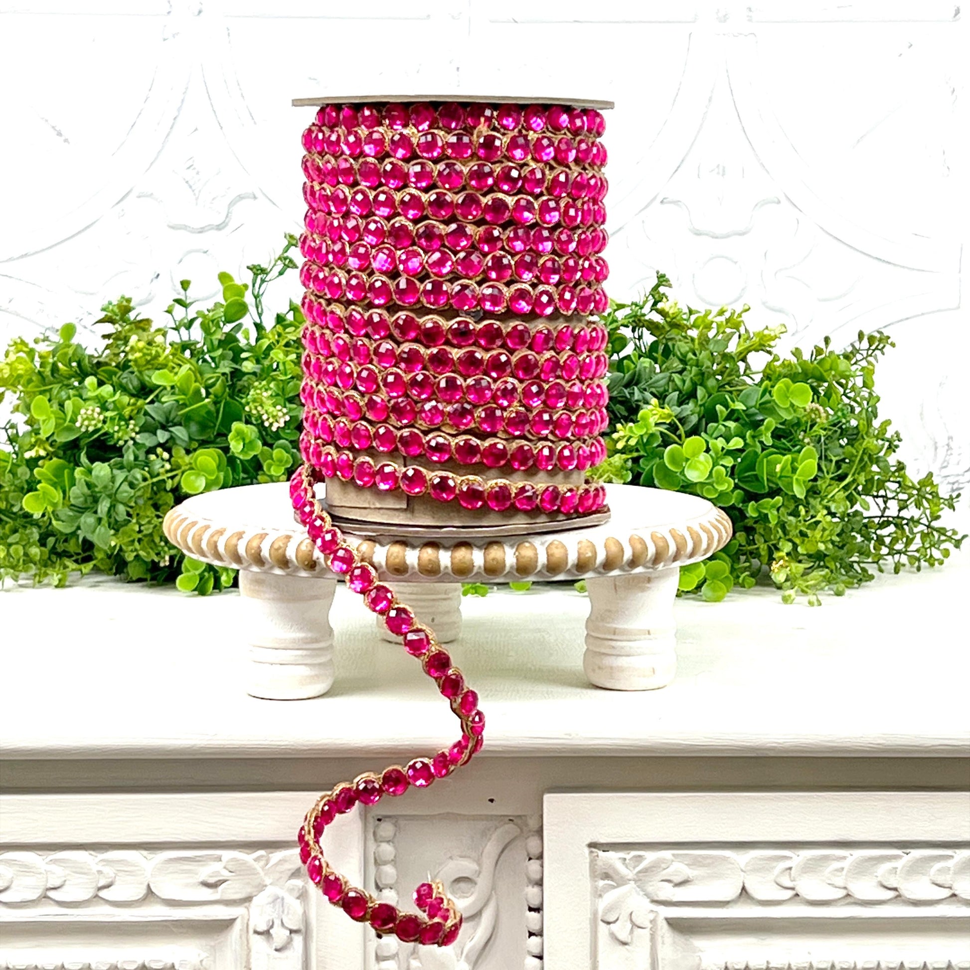 D. Stevens Crown Jewel Ribbon in Fuchsia, Double-Sided Crystal Garland, Luxury Holiday Trim or Decor, Pink Jeweled Ribbon, Jeweled Garland