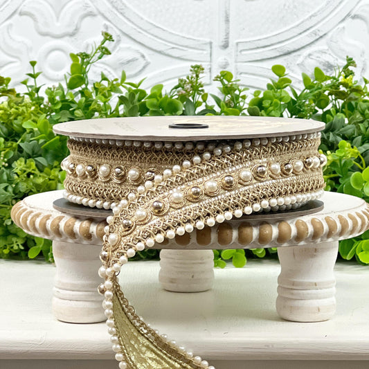 D. Stevens Gold Pearl Poiret Trimmed Ribbon | Metallic Jeweled Designer Ribbon | 1.75" x 5 YDS | Wedding, Holiday & Millinery Ribbon