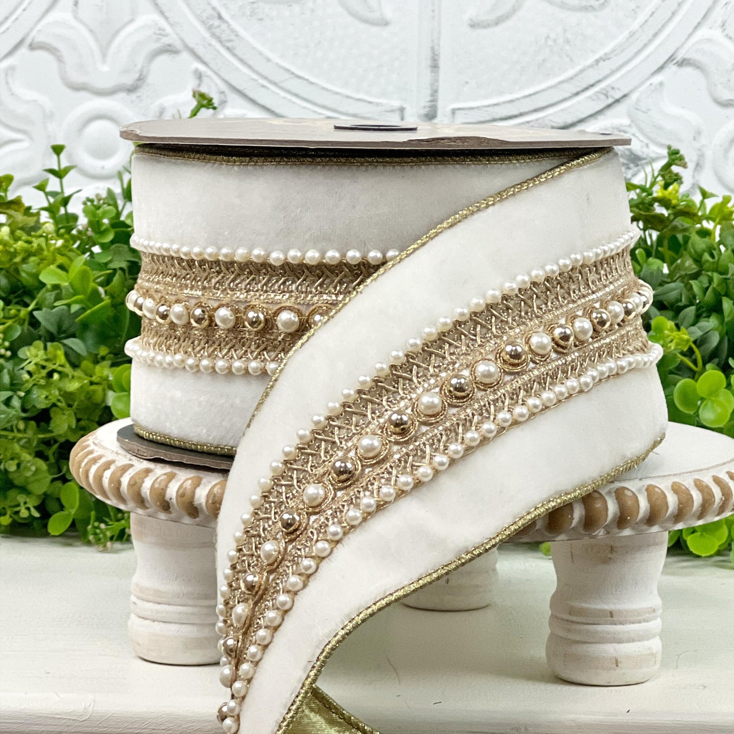 D Stevens Winer White Velvet Ribbon, Pearl Trim Ribbon, Jeweled Velvet Ribbon, Pearl Poiret Trim, Luxury Holiday, Wedding & Floral Ribbon