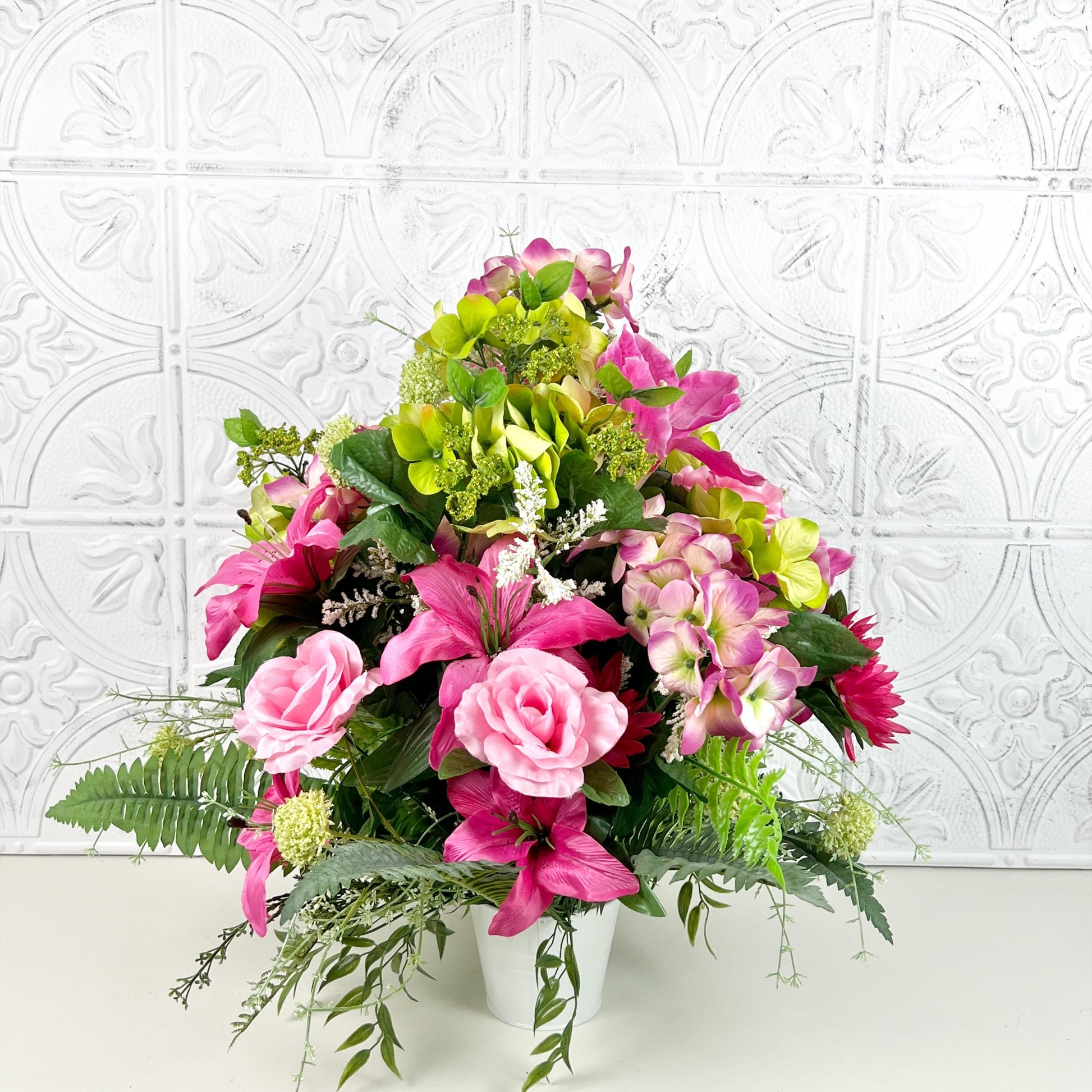 Pink and Green Summer Floral Centerpiece, Faux Flower Arrangement with Lily, Rose and Hydrangea, Vibrant Table Decor, Tropical Home Decor