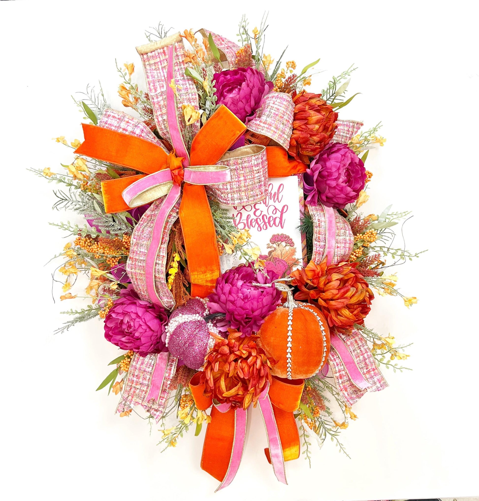 XL Fall Wreath with Jeweled Pumpkins and Designer Ribbon, Pink and Orange Fall Wreath, Bold Autumn Door Decor, BaBam Original Sign