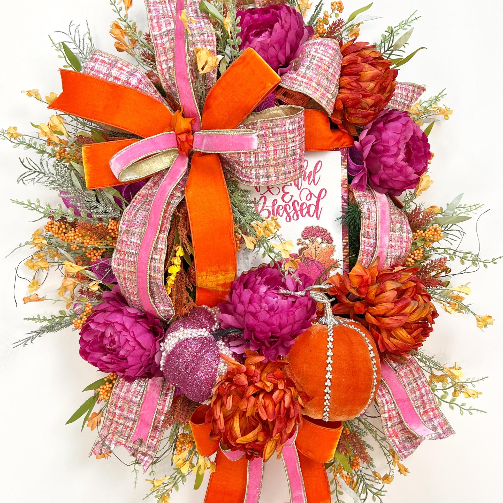XL Fall Wreath with Jeweled Pumpkins and Designer Ribbon, Pink and Orange Fall Wreath, Bold Autumn Door Decor, BaBam Original Sign