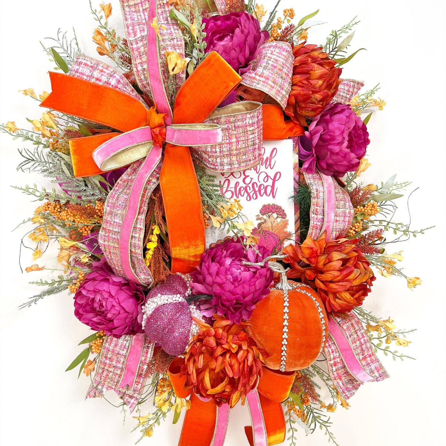 XL Fall Wreath with Jeweled Pumpkins and Designer Ribbon, Pink and Orange Fall Wreath, Bold Autumn Door Decor, BaBam Original Sign