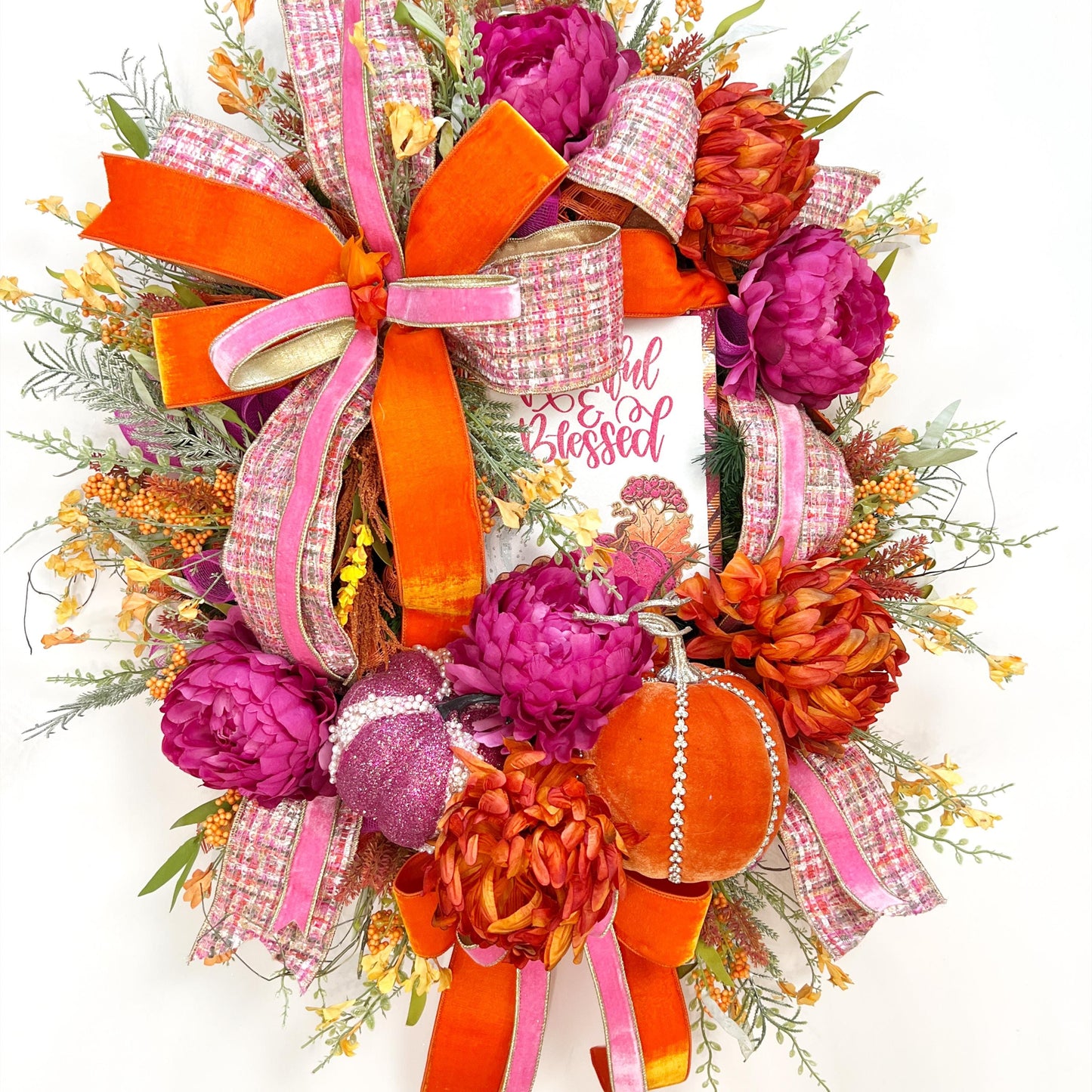 XL Fall Wreath with Jeweled Pumpkins and Designer Ribbon, Pink and Orange Fall Wreath, Bold Autumn Door Decor, BaBam Original Sign
