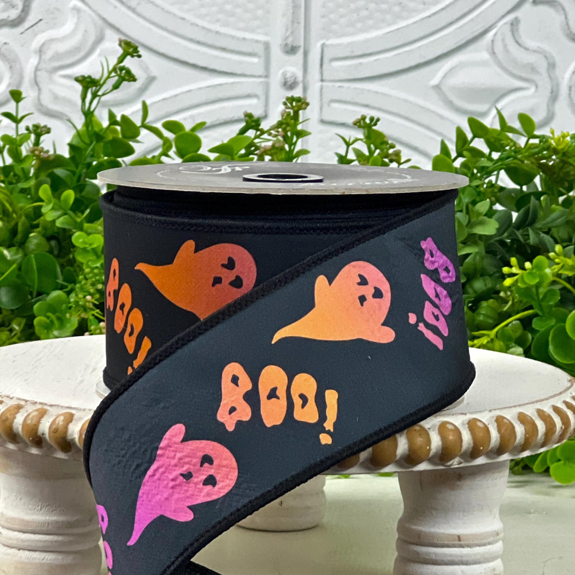 Farrisilk Halloween Ghost Ribbon, 2.5 Inch Black Ribbon with Pink Orange Purple Ghosts and Boo Text, Wired Not So Scary Halloween Trim,