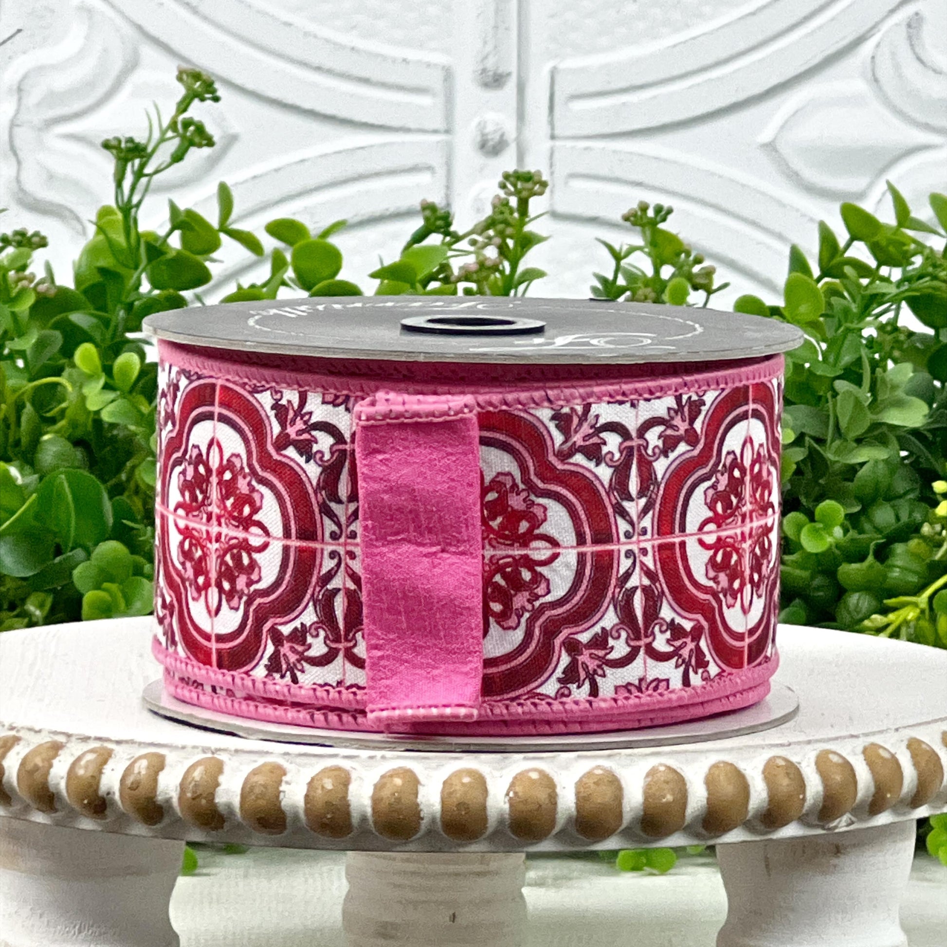 Farrisilk Messina Ribbon, Double Sided Designer Ribbon with Pink Medallion Print, Year Round Wired Ribbon for Elegant Decor