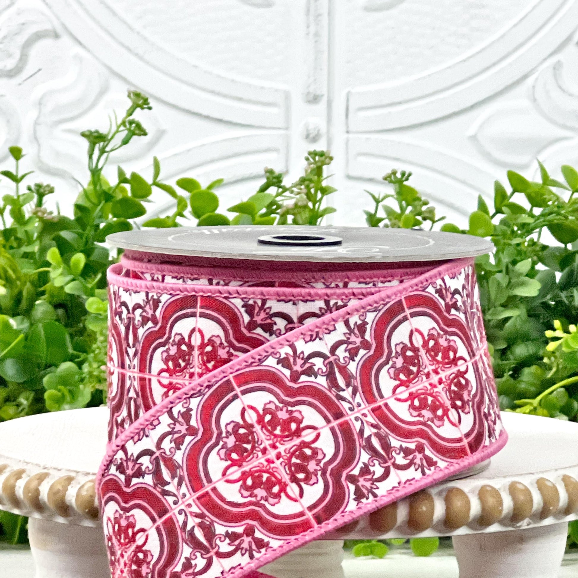Farrisilk Messina Ribbon, Double Sided Designer Ribbon with Pink Medallion Print, Year Round Wired Ribbon for Elegant Decor