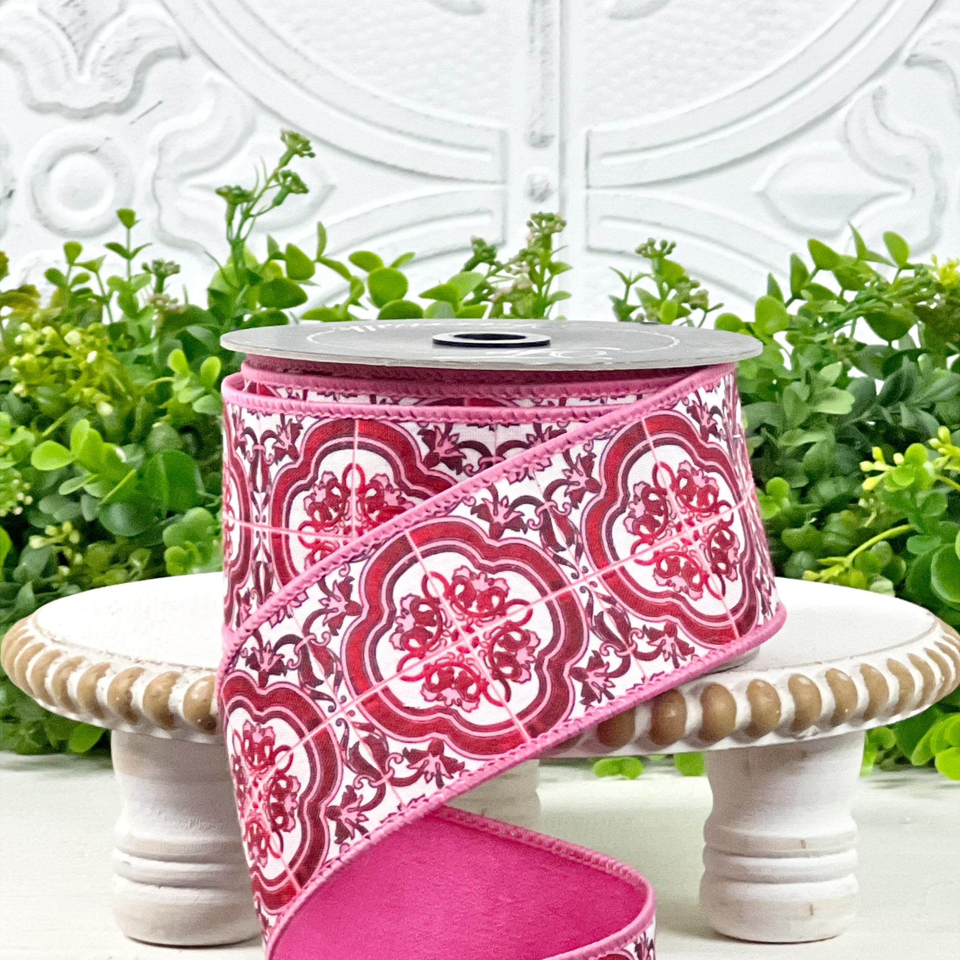 Farrisilk Messina Ribbon, Double Sided Designer Ribbon with Pink Medallion Print, Year Round Wired Ribbon for Elegant Decor