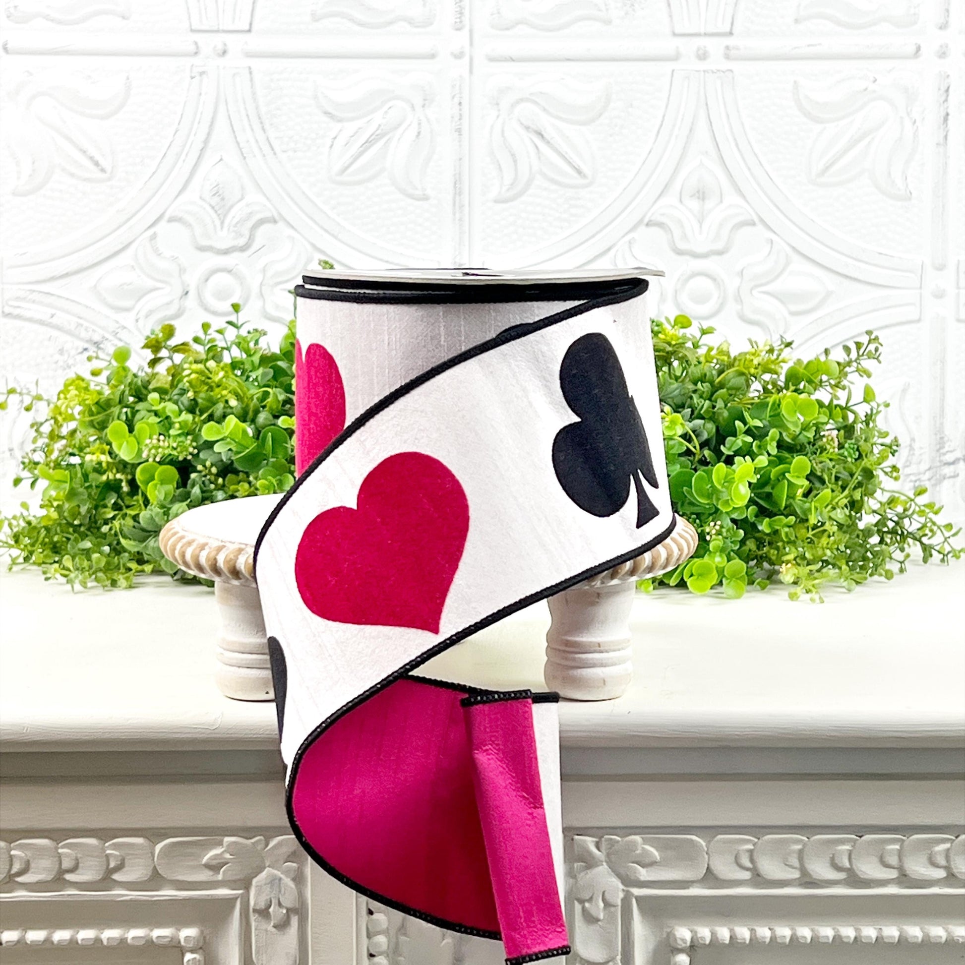 Queen of Hearts Ribbon – Farrisilk Sweet Suits Ribbon in Red and Black | Designer Playing Card Ribbon for Whimsical Decor